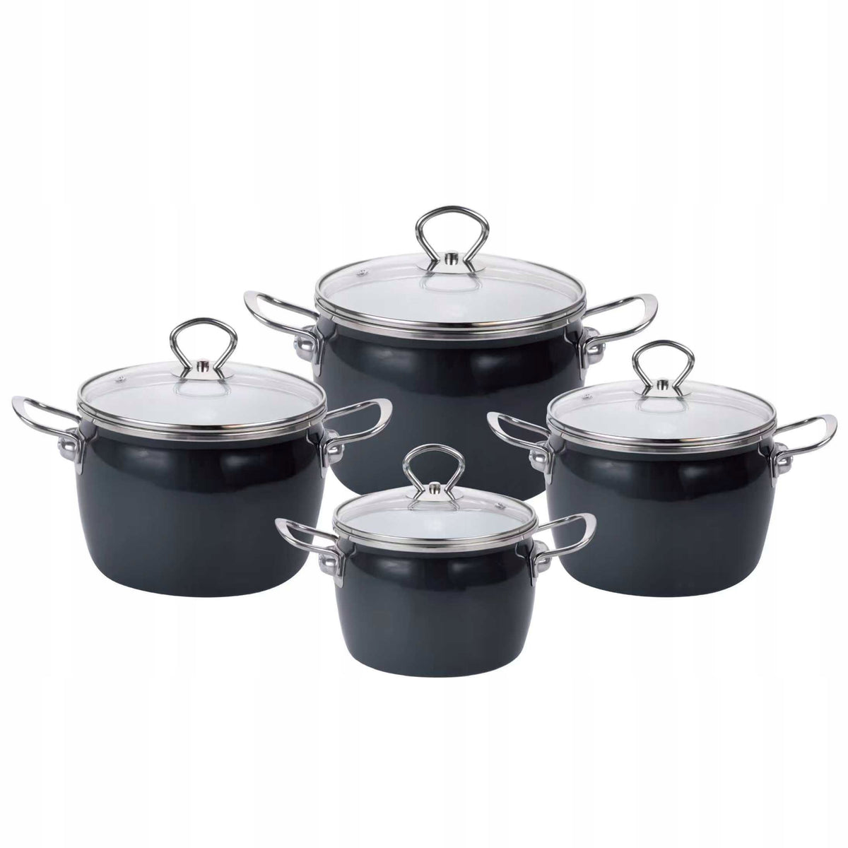 SET OF ENAMEL POTS WITH LID 8 ELEMENTS INDUCTION FOR GAS 2-5,5L Manufacturer code ZESTAW GARNKÓW EMALIOWANYCH 8 EL CZARNY