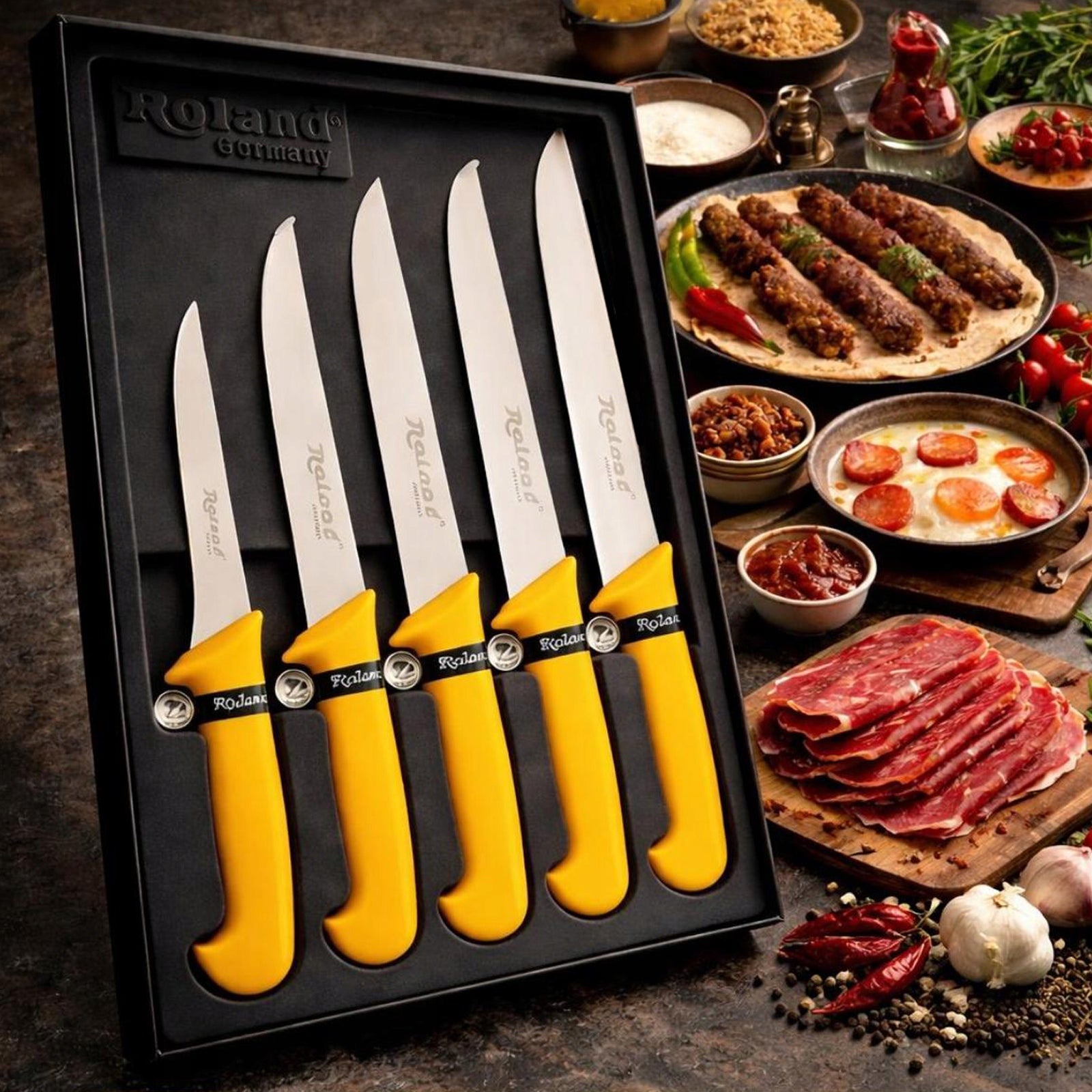SET OF KITCHEN BUTCHER KNIVES SET OF 5 PCS. YELLOW HANDLES ROLAND GERMANY Packaging status original
