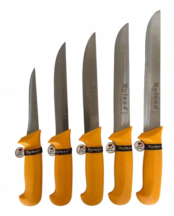 SET OF KITCHEN BUTCHER KNIVES SET OF 5 PCS. YELLOW HANDLES ROLAND GERMANY