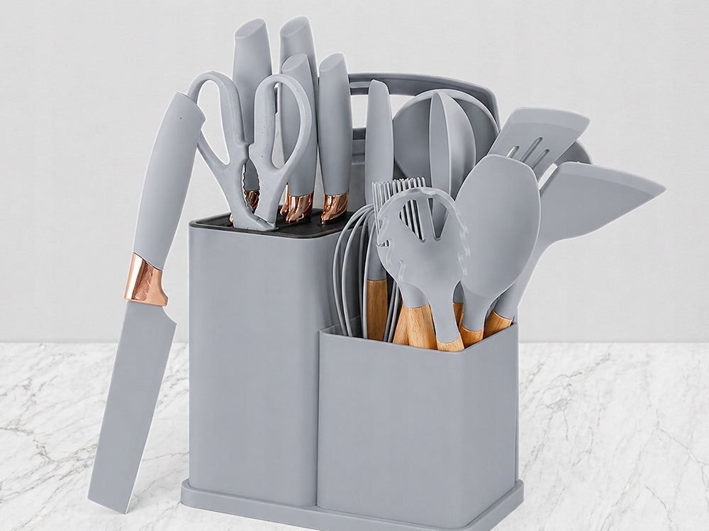 SET OF KITCHEN KNIVES 5 + 12 UTENSILS SET BOARD KNIFE RACK GREY Manufacturer code 07413_SZ