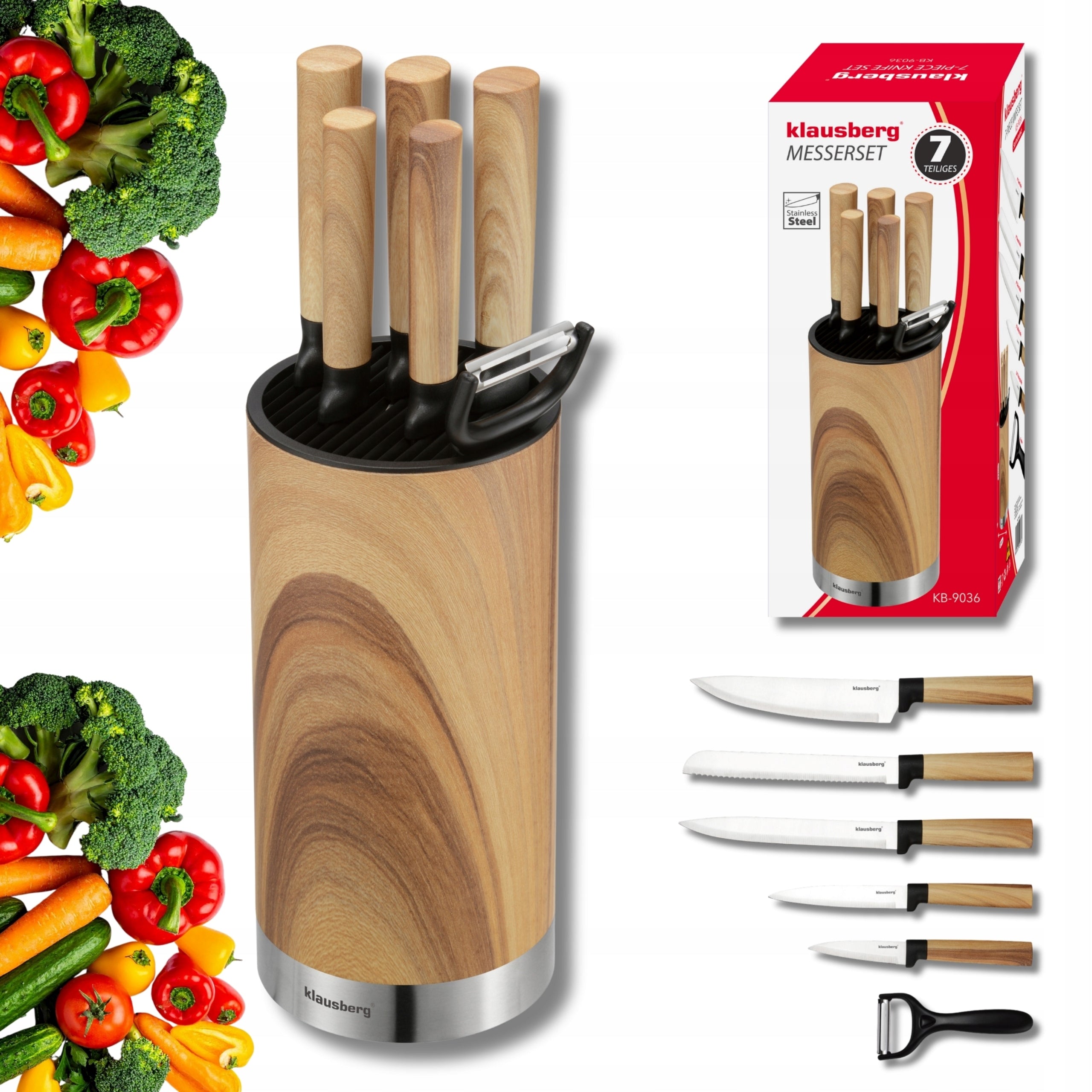 SET OF KITCHEN KNIVES 7EL. IN WOODEN STAND AND PEELER KLAUSBERG
