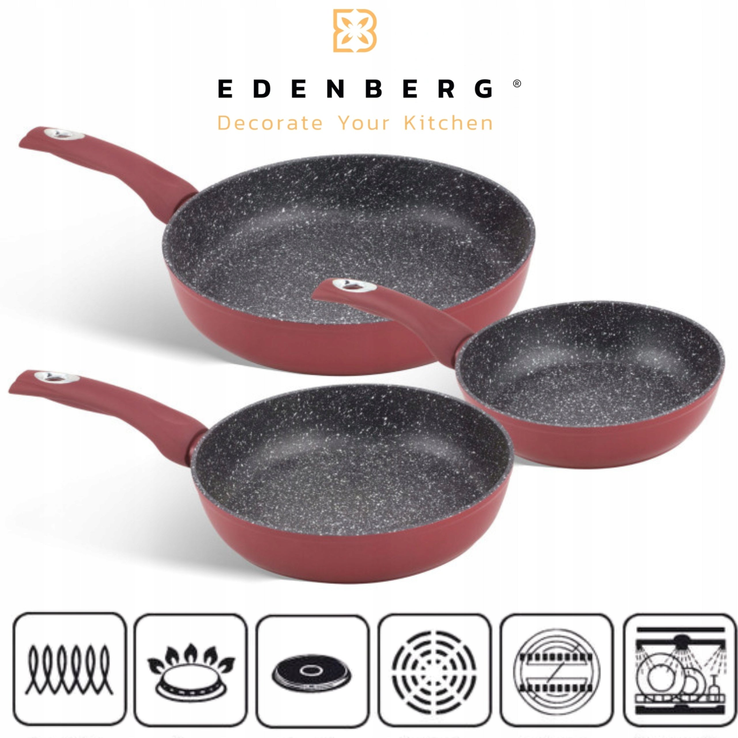 SET OF MARBLED PANS NONSTICK PLATSER HONEY GAS INDUCTION 20/24/28cm Brand Edenberg
