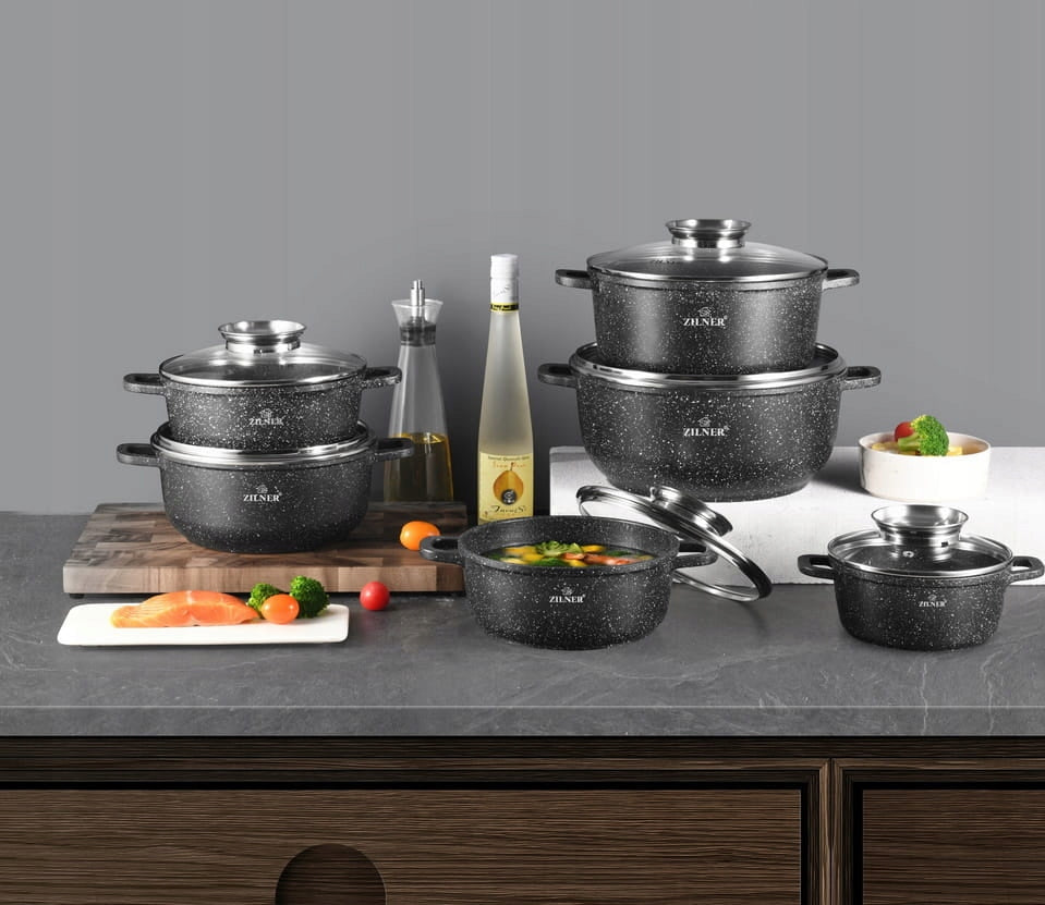SET OF MARBLED POTS INDUCTION FOR GAS SET OF POTS 12 ELE LIDS Brand Zilner