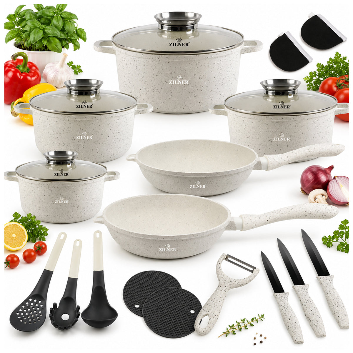 SET OF MARBLED POTS INDUCTION GAS POTS PAN SET 21ELE BEIGE