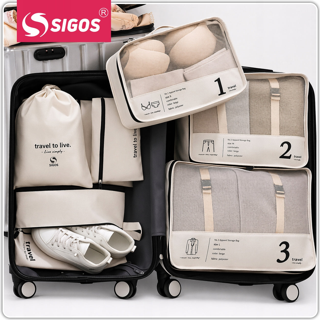SET OF ORGANIZERS TRAVEL ORGANIZER SUITCASES WARDROBE CLOTHES SET OF 7 pcs BEIGE Manufacturer code SIGOS PODRÓŻNE ORGANIZERY DO WALIZKI 7 szt.