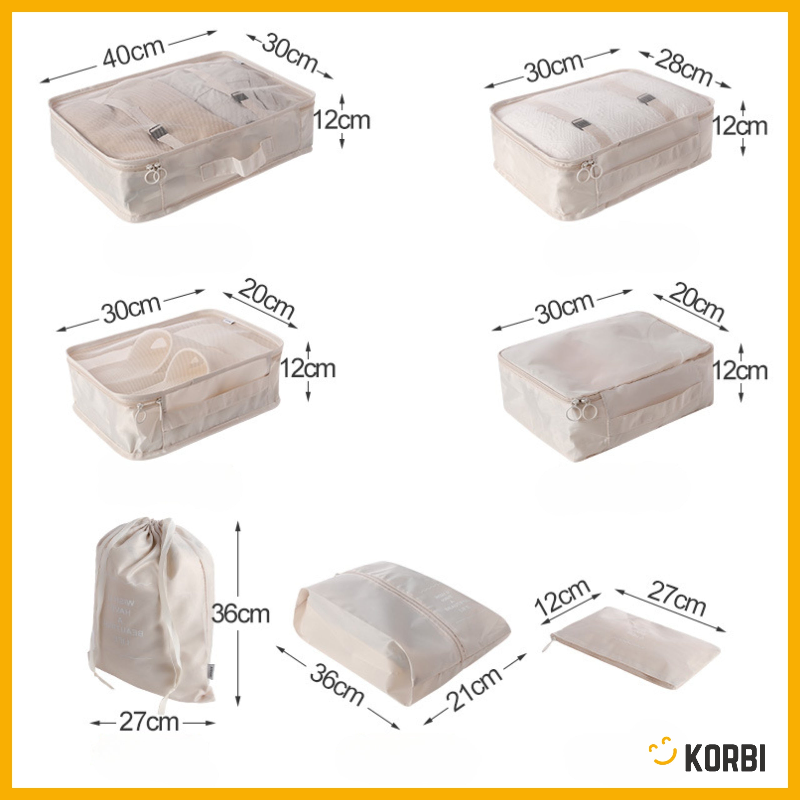 SET OF ORGANIZERS TRAVEL ORGANIZER SUITCASES WARDROBES CLOTHES SET 8pcs BEIGE Manufacturer code KORBI ZESTAW ORGANIZERÓW NA UBRANIA