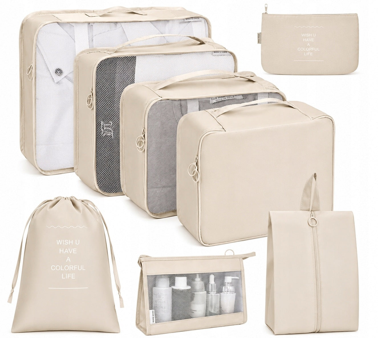 SET OF ORGANIZERS TRAVEL ORGANIZER SUITCASES WARDROBES CLOTHES SET 8pcs BEIGE
