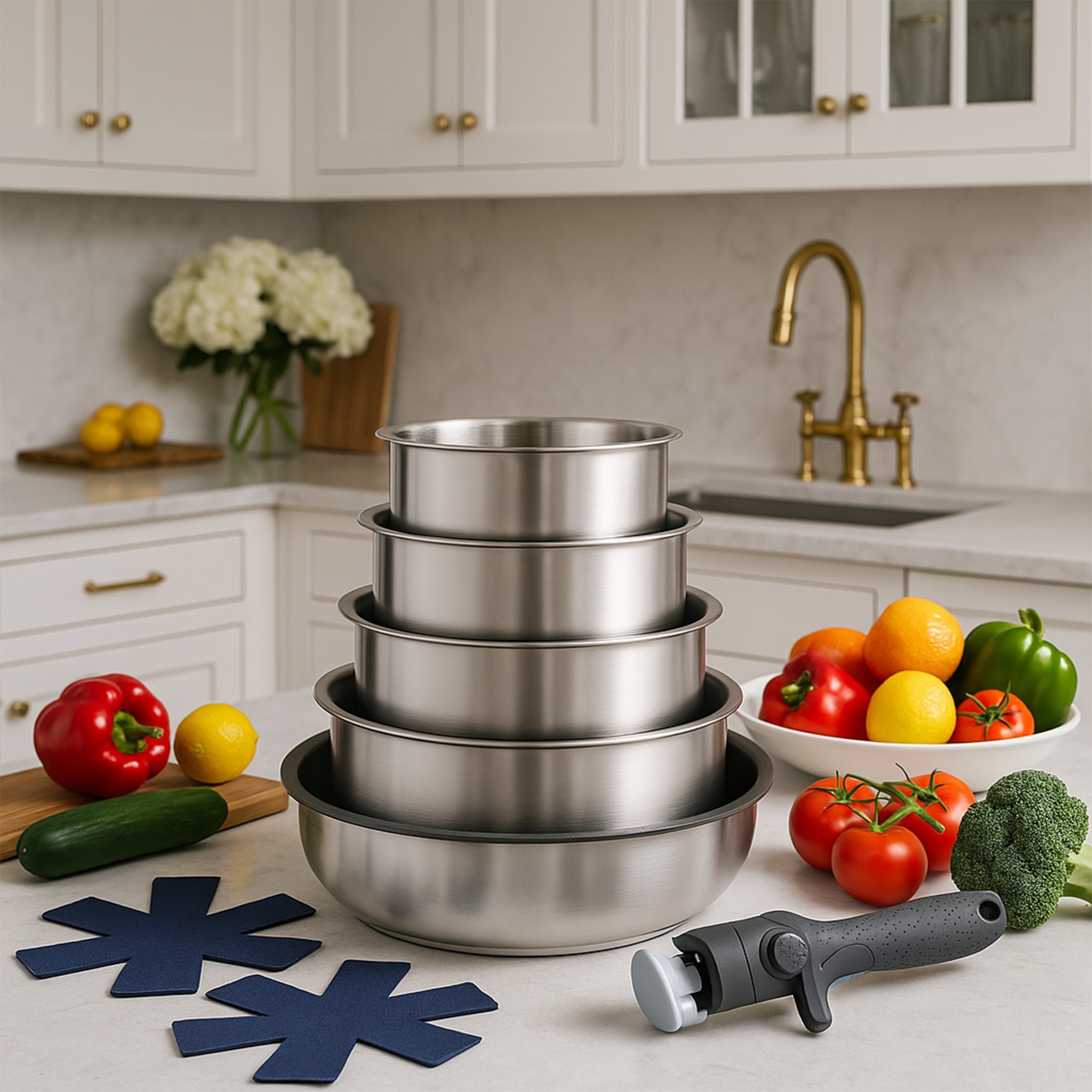 SET OF PANS WITH DETACHABLE HANDLE 20/24/28 CM + 2 POTS INDUCTION SET Packaging status original