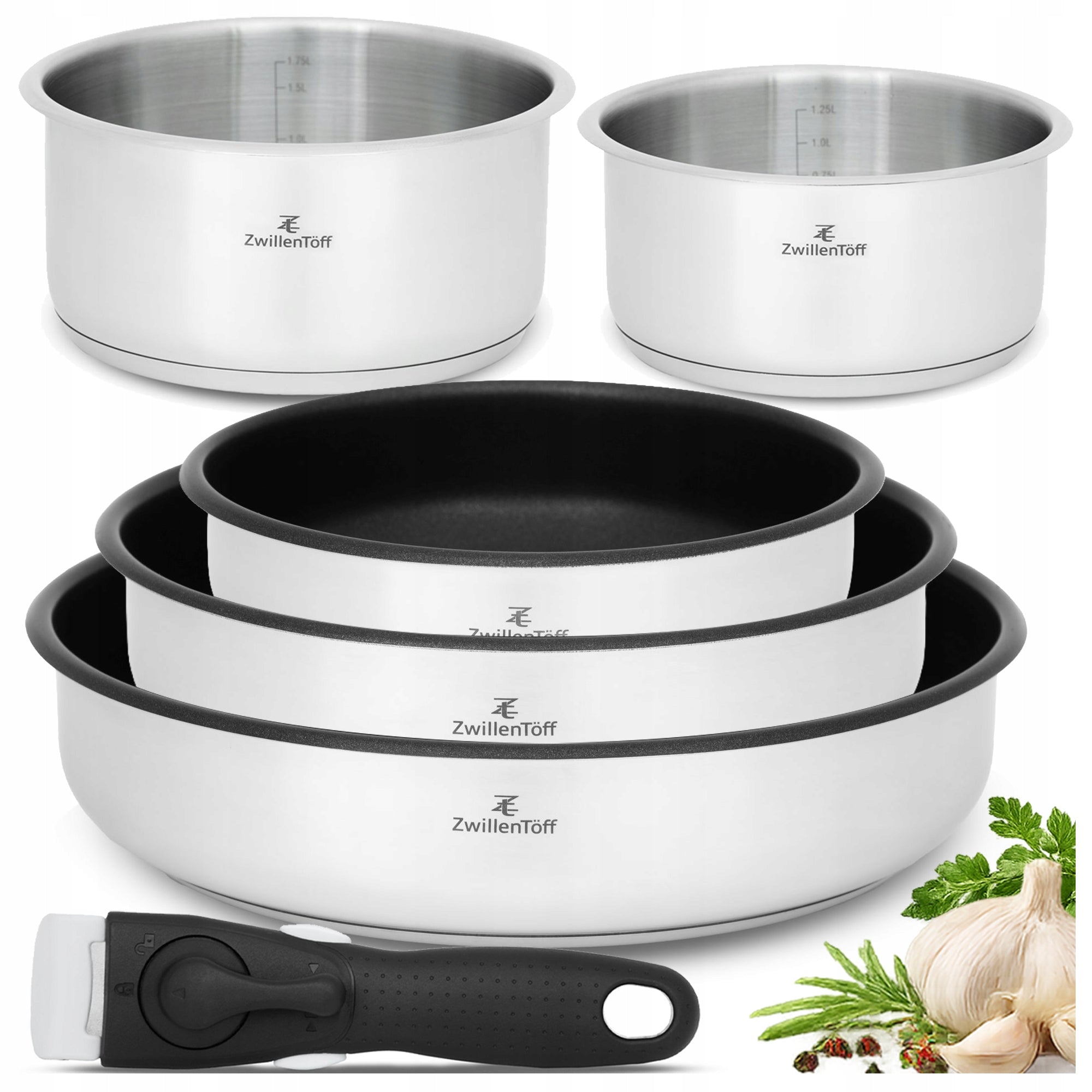 SET OF PANS WITH DETACHABLE HANDLE 20/24/28 CM + 2 POTS INDUCTION SET