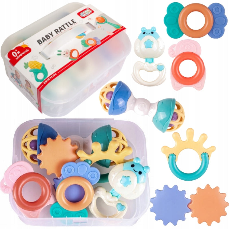 SET OF PASTEL RATTLES TEETHERS IN A BOX 6PCS