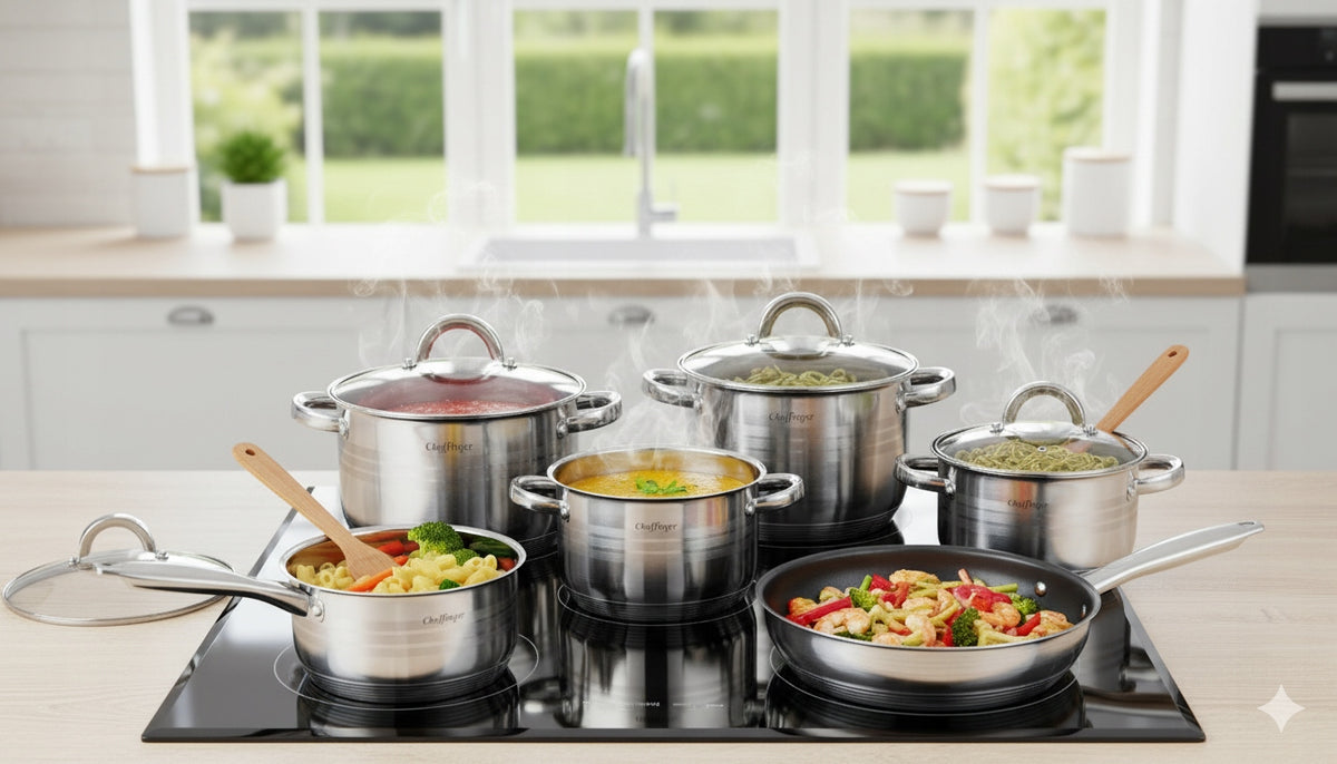 SET OF POTS CHEFFINGER 12 EL INDUCTION POLISHED STEEL PREMIUM SET Packaging status original