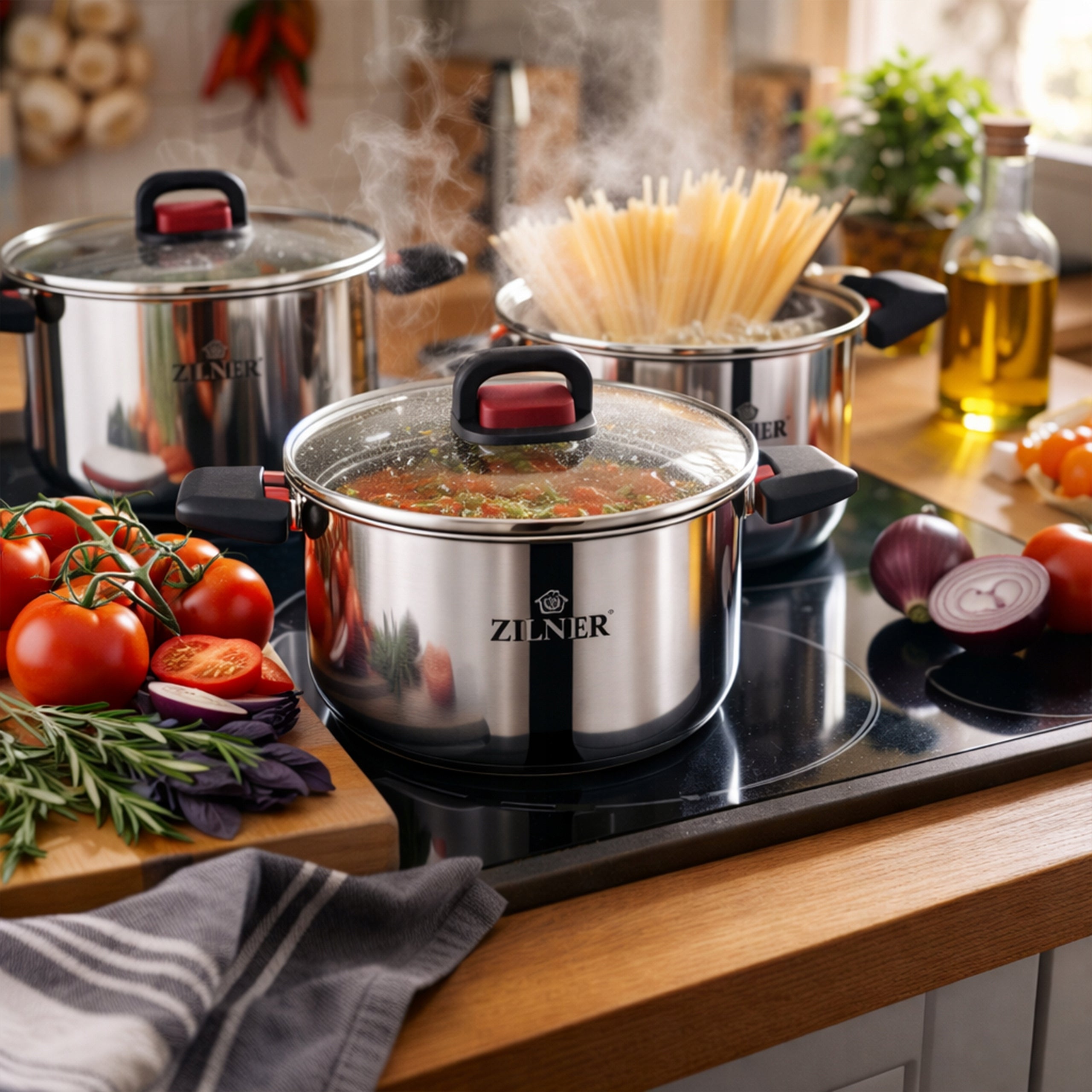SET OF POTS FOR INDUCTION GAS STAINLESS STEEL COMPACT POTS 12 ELE Brand Zilner