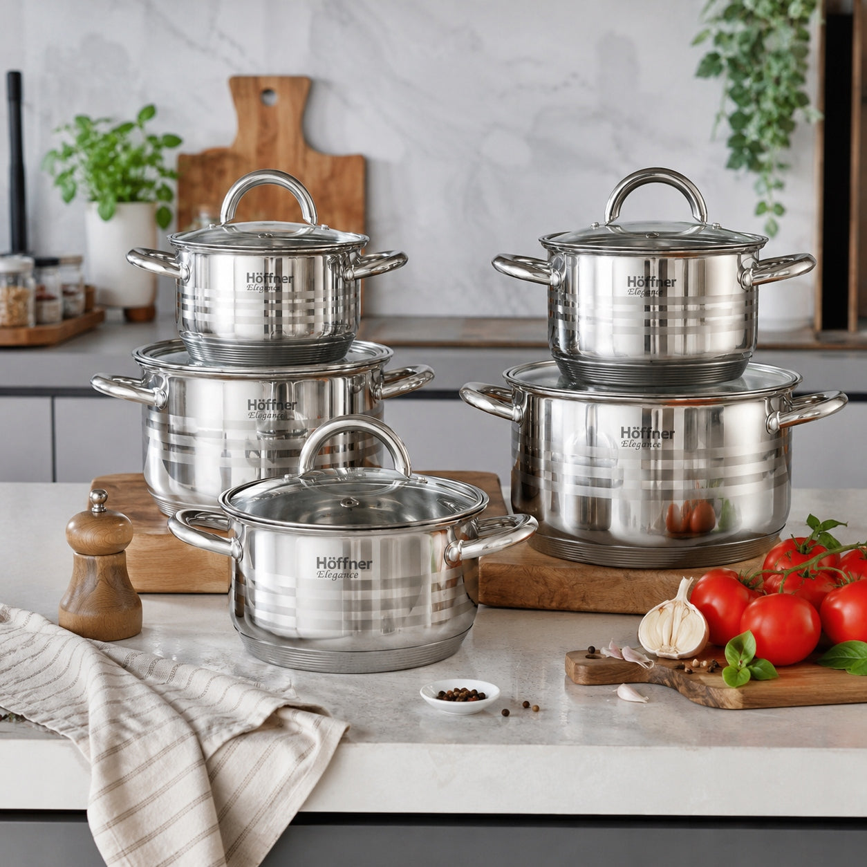 SET OF POTS FOR INDUCTION / GAS STAINLESS STEEL POTS SET OF 12 EL. Brand Hoffner