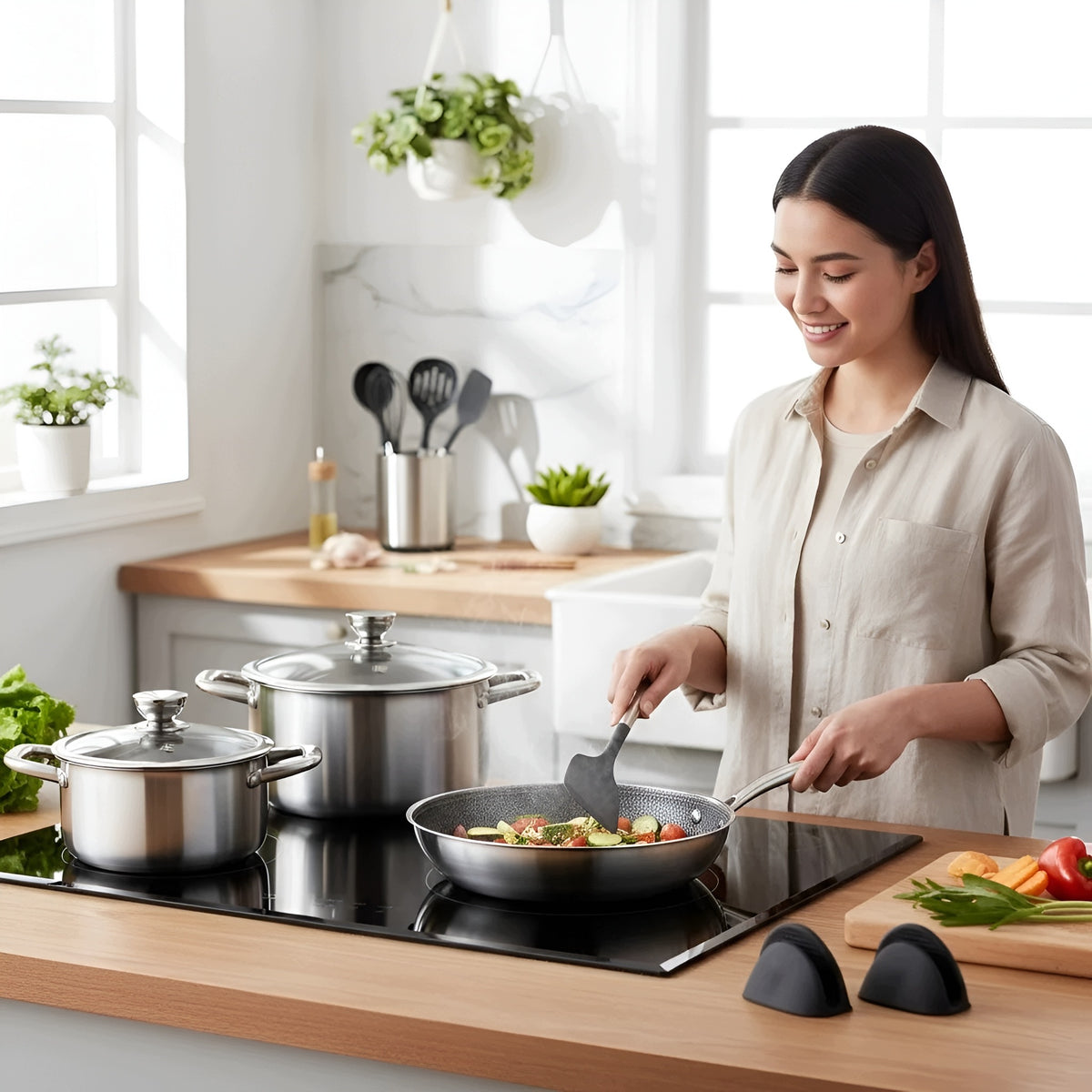 SET OF POTS GAS INDUCTION LARGE SET OF POTS FRYING PAN 12EL. L34331 Packaging status original