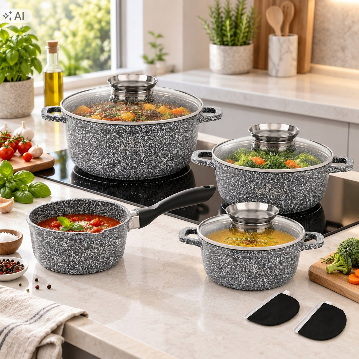 SET OF POTS INDUCTION GAS MARBLE SET OF POTS SAUCEPAN 9 EL LIDS Packaging status original