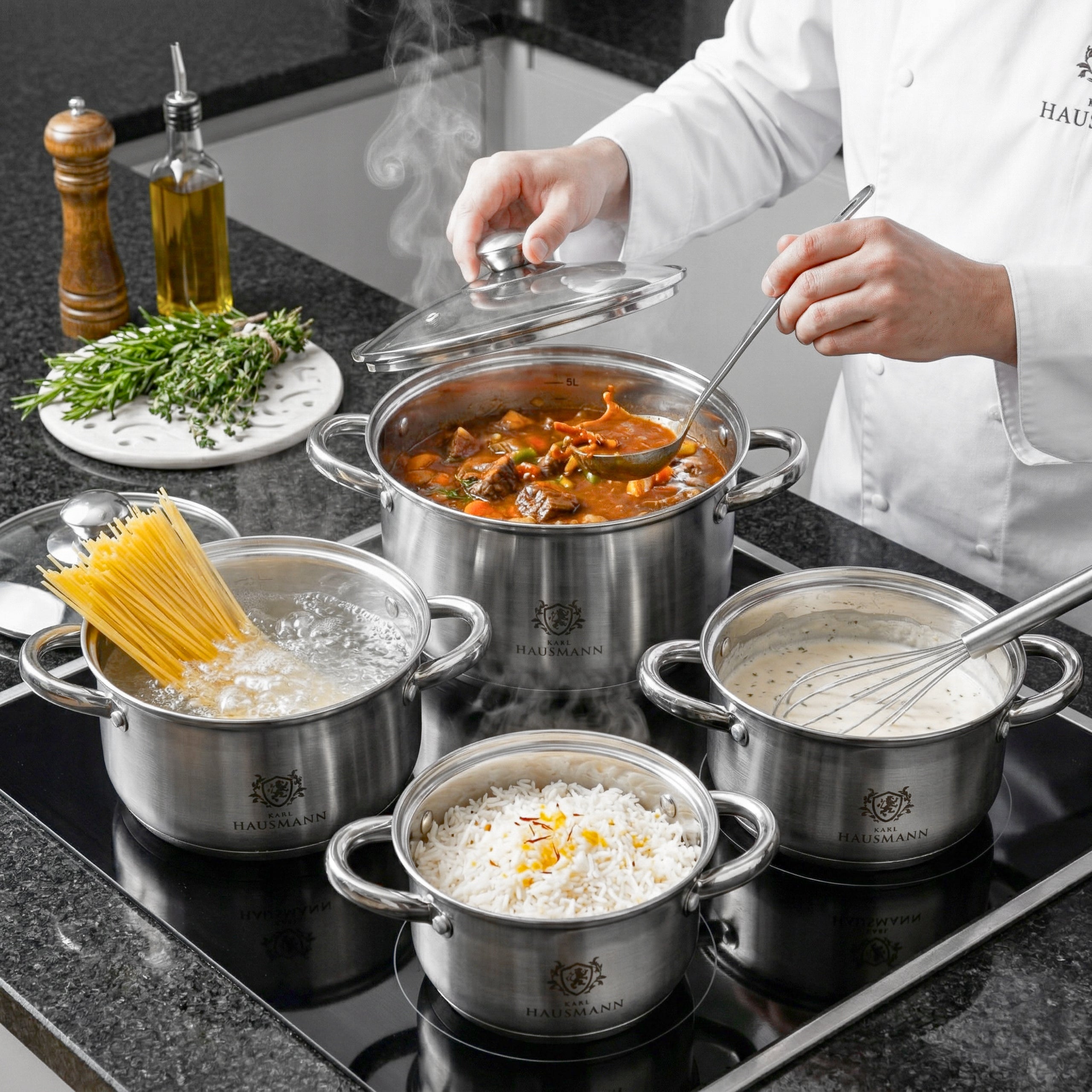 SET OF POTS INDUCTION GAS SET OF POTS ZINCO 8EL. STAINLESS STEEL 18/0 Manufacturer code ZESTAW GARNKÓW INDUKCJA GAZ 8el STAL 18/0