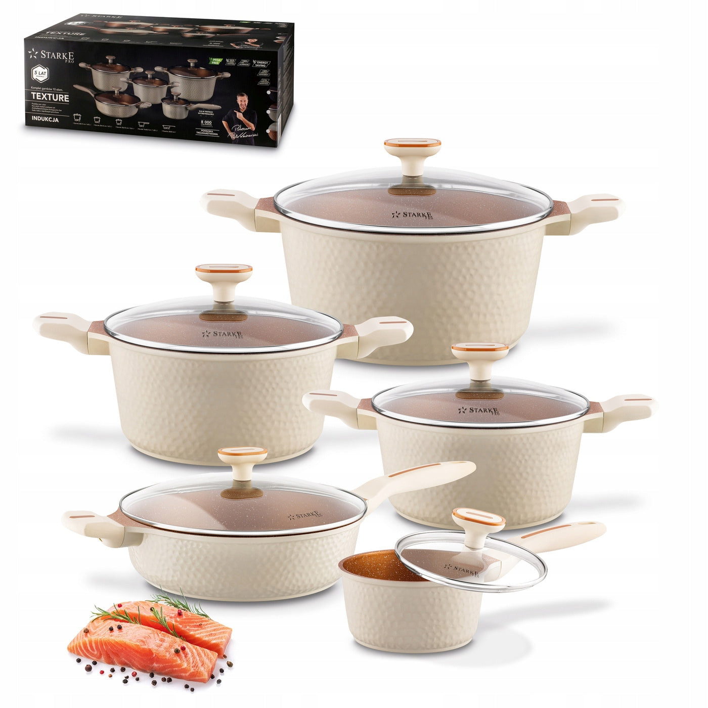 SET OF POTS INDUCTION PAN with lid set 10el Texture Creamy
