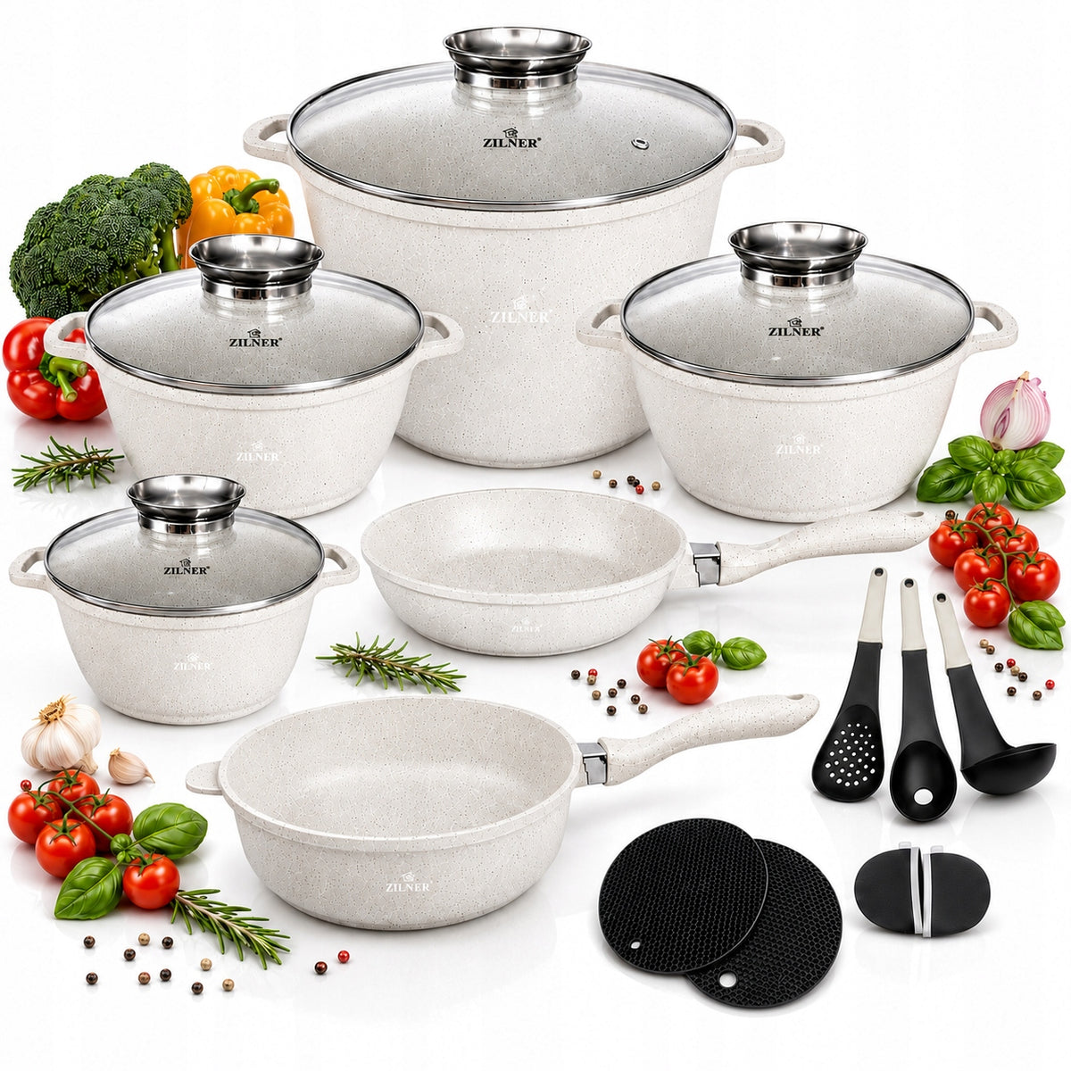 SET OF POTS INDUCTION SET OF POTS GAS PAN MARBLE LIDS 17EL