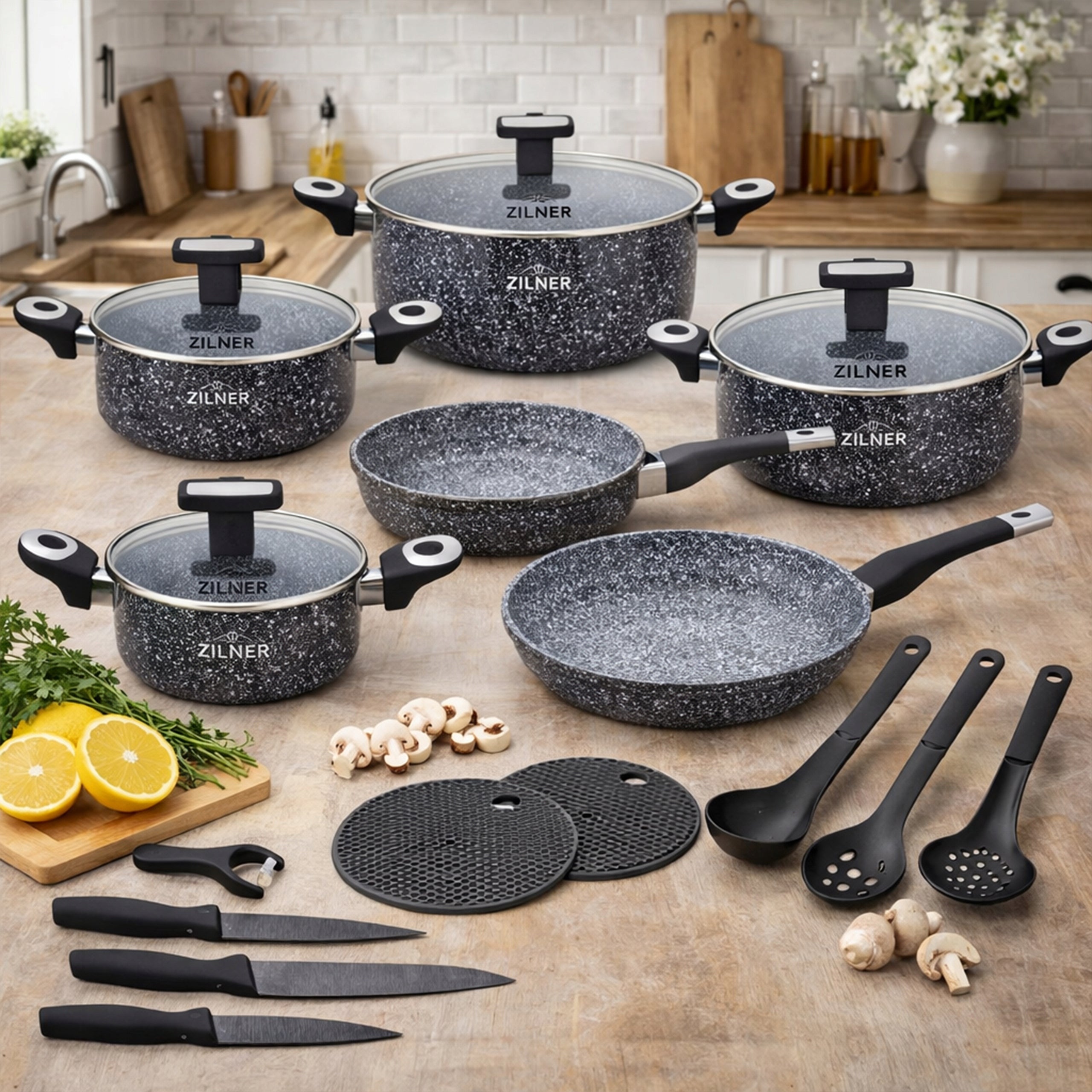 SET OF POTS INDUCTION SET OF POTS MARBLE PAN SAUCEPAN KNIVES 19ELE Brand Zilner