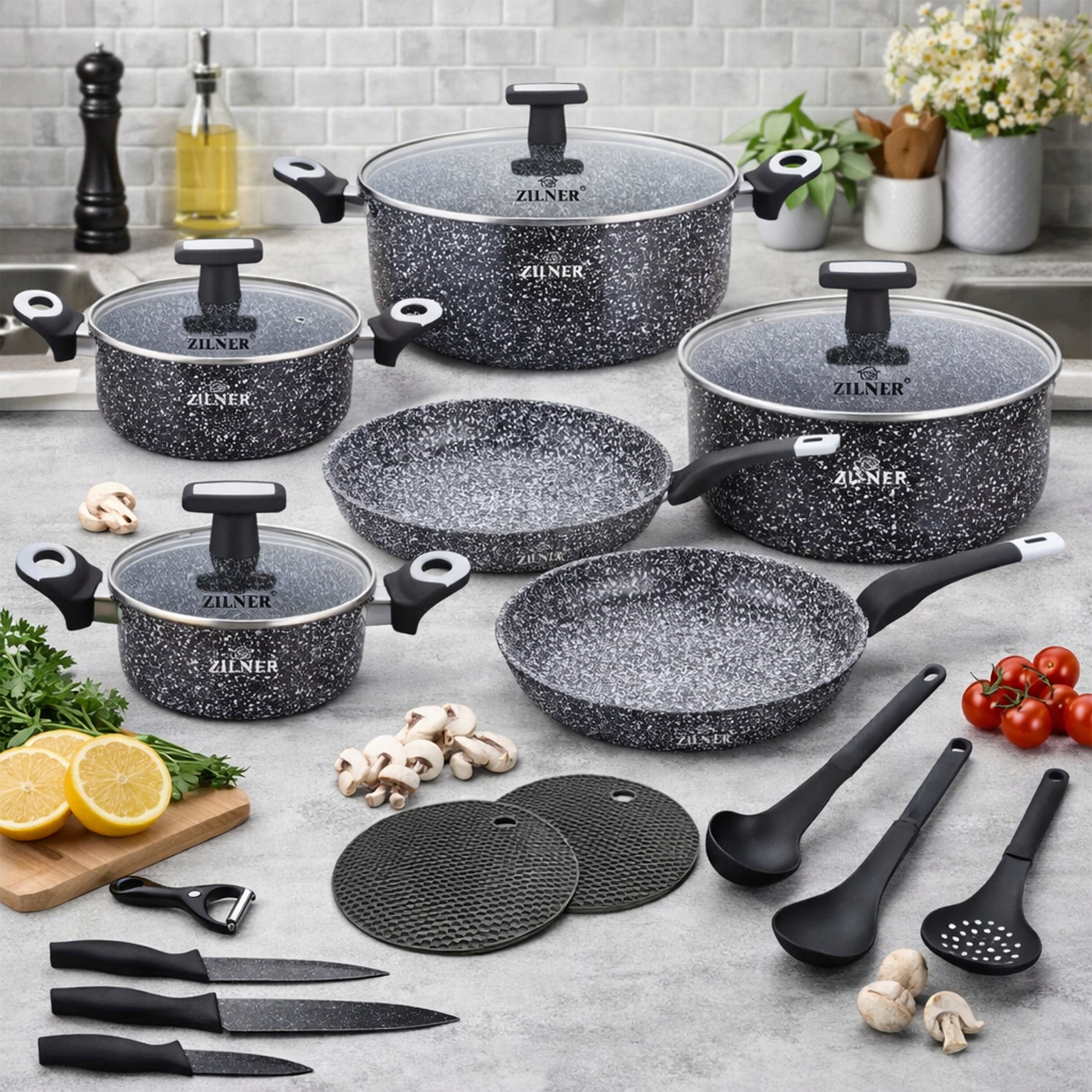 SET OF POTS INDUCTION SET OF POTS MARBLE PAN SAUCEPAN KNIVES 19ELE Packaging status original