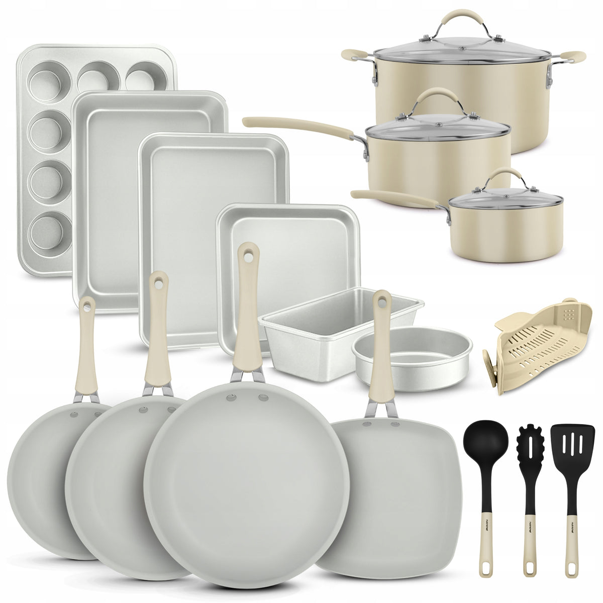 SET OF POTS PANS KITCHEN UTENSILS POTS INDUCTION GAS 20 EL BEIGE