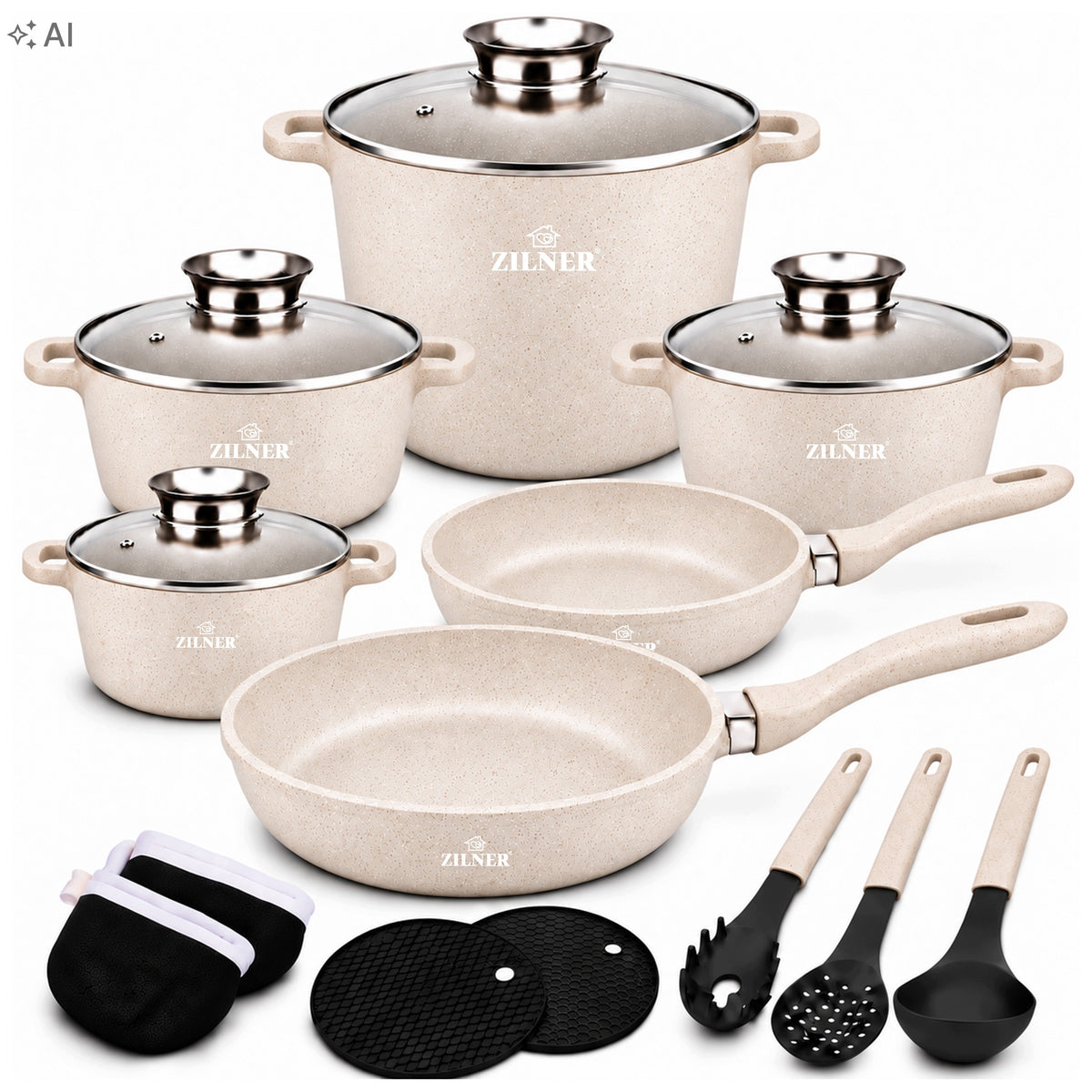SET OF POTS SET MARBLE 17 EL INDUCTION GAS POT 11L PANS BEIGE Packaging status original