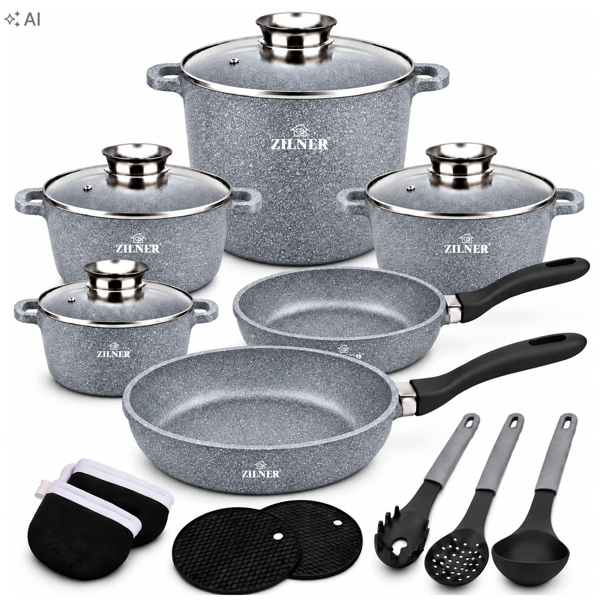 SET OF POTS SET MARBLE 17 EL INDUCTION GAS POT 11L PANS GREY Packaging status original