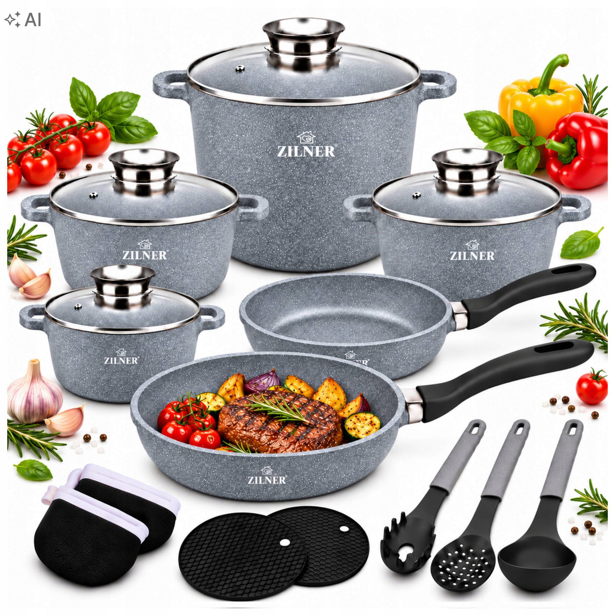 SET OF POTS SET MARBLE 17 EL INDUCTION GAS POT 11L PANS GREY