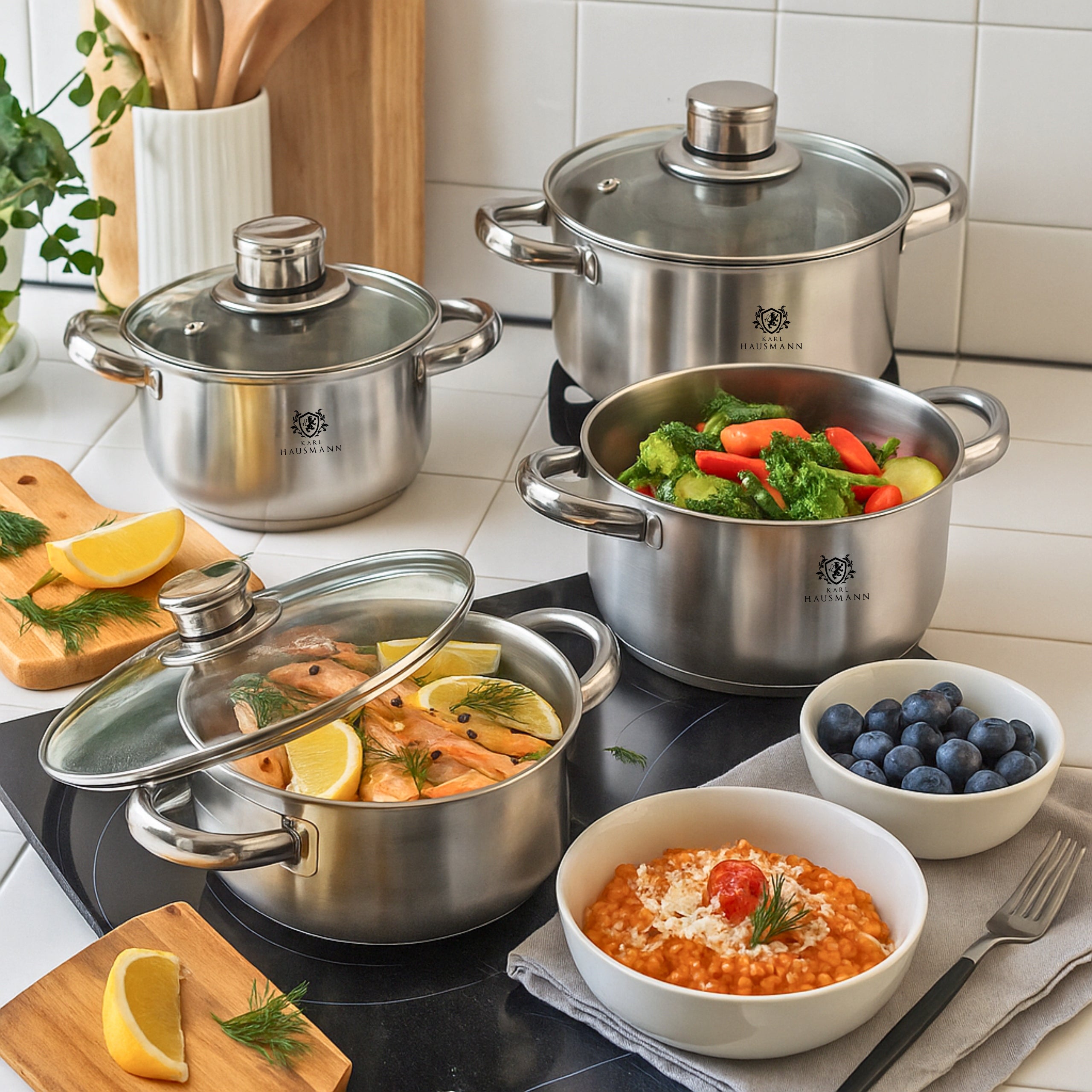 SET OF POTS WITH THERMOMETER INDUCTION GAS 8el ZELDA STEEL 18/0 Manufacturer code ZESTAW GARNKÓW 8el POKRYWKI Z TERMOMETREM