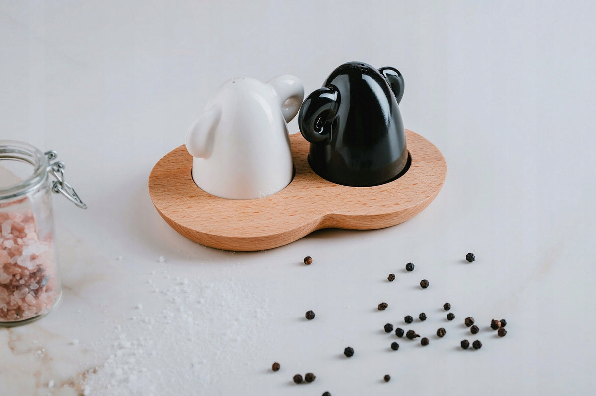 SET OF SALT AND PEPPER SHAKER ON A BUBBLE STAND Kind salt and pepper castors