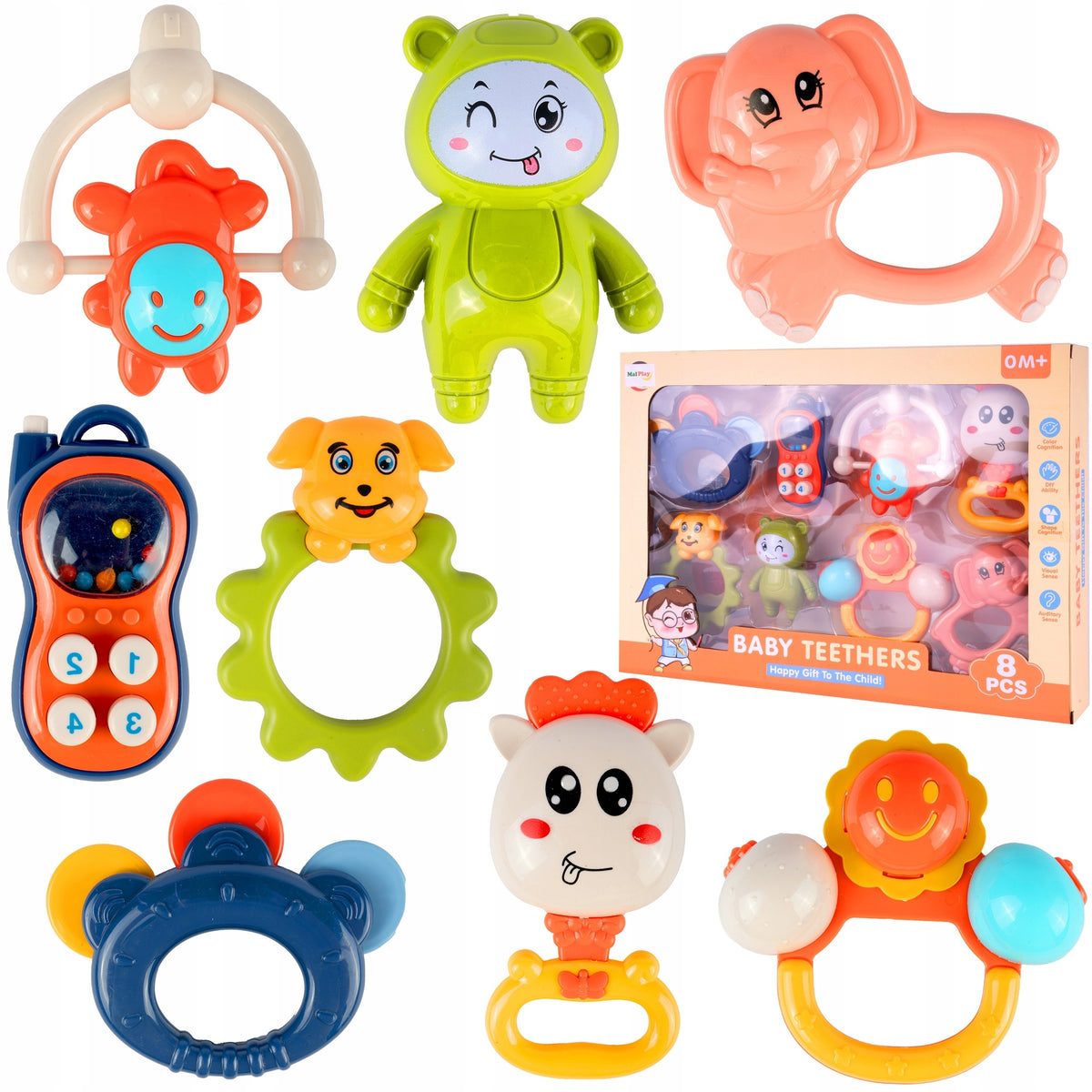 SET OF SENSORY RATTLES TEETHERS 8 PCS ANIMAL RATTLES Packaging status original
