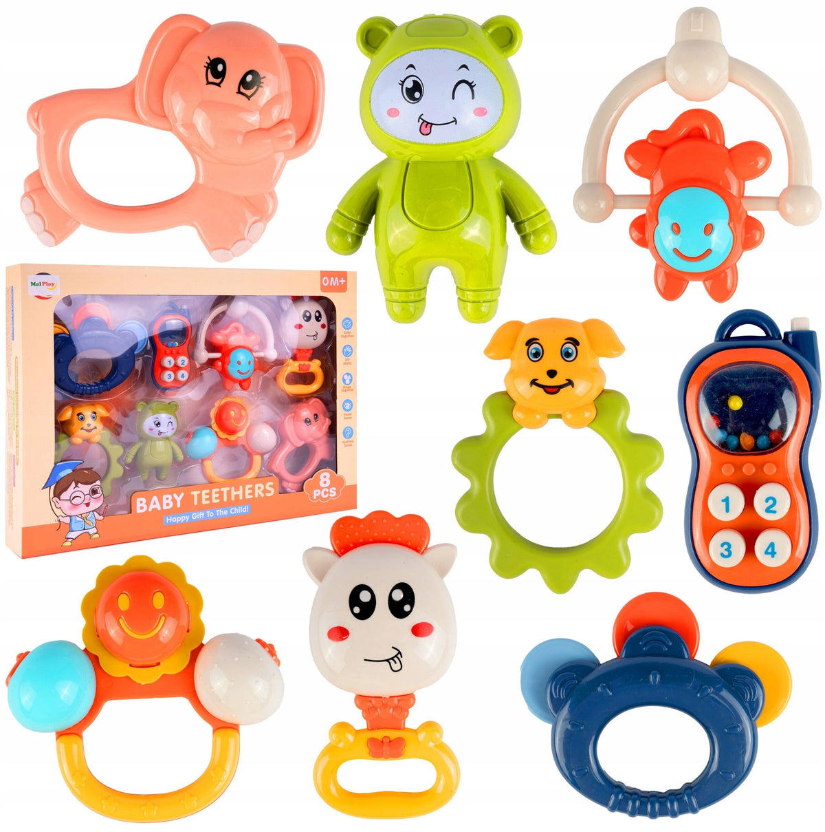 SET OF SENSORY RATTLES TEETHERS 8 PCS ANIMAL RATTLES