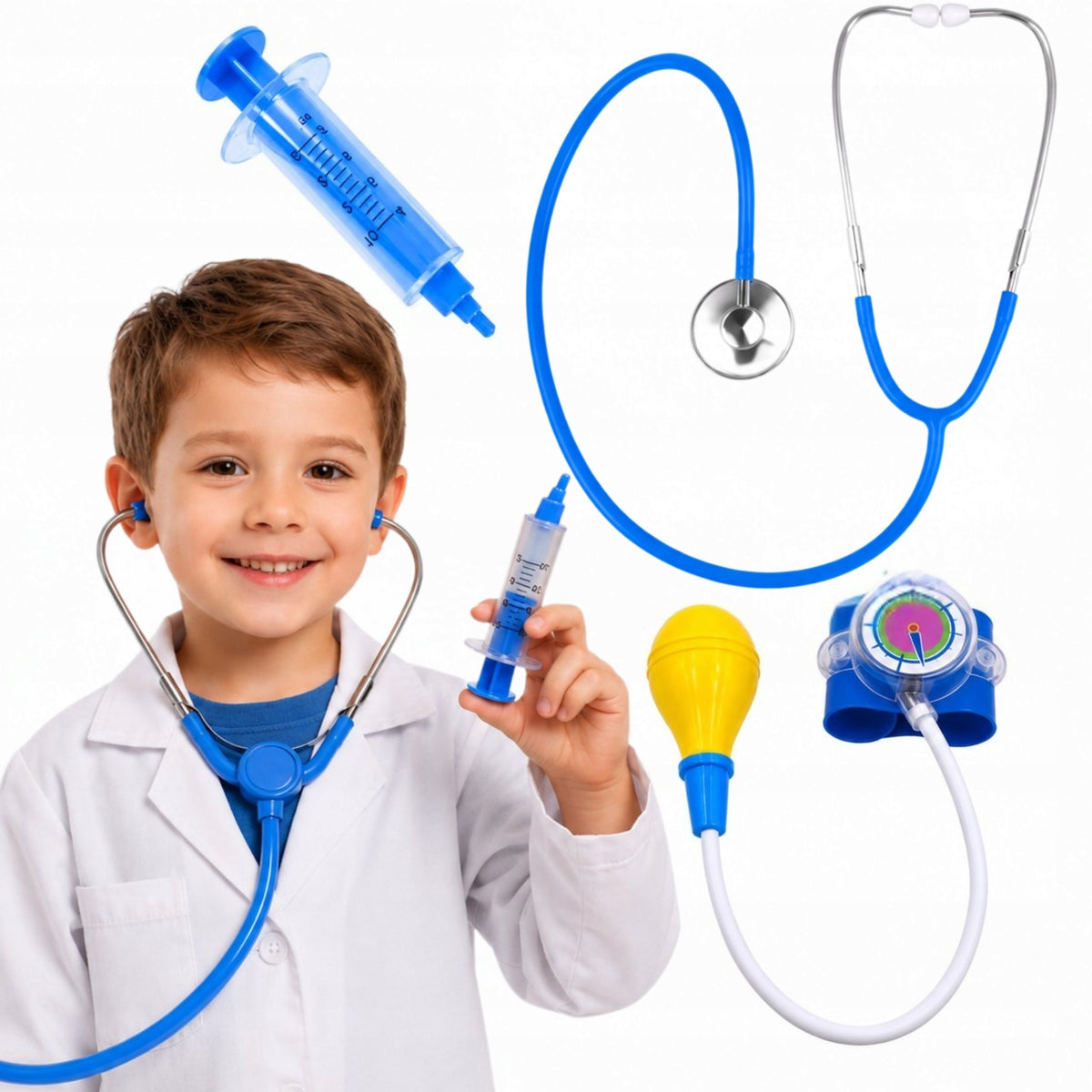 SET OF SMALL DOCTOR STETHOSCOPE SYRINGE BLOOD PRESSURE MONITOR ACCESSORIES