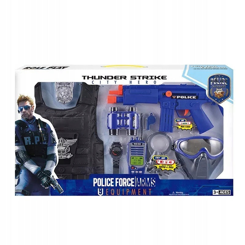 SET OF SMALL POLICEMAN VEST BINOCULARS HANDCUFFS WEAPON ACCESSORIES DISGUISE Kind rifles