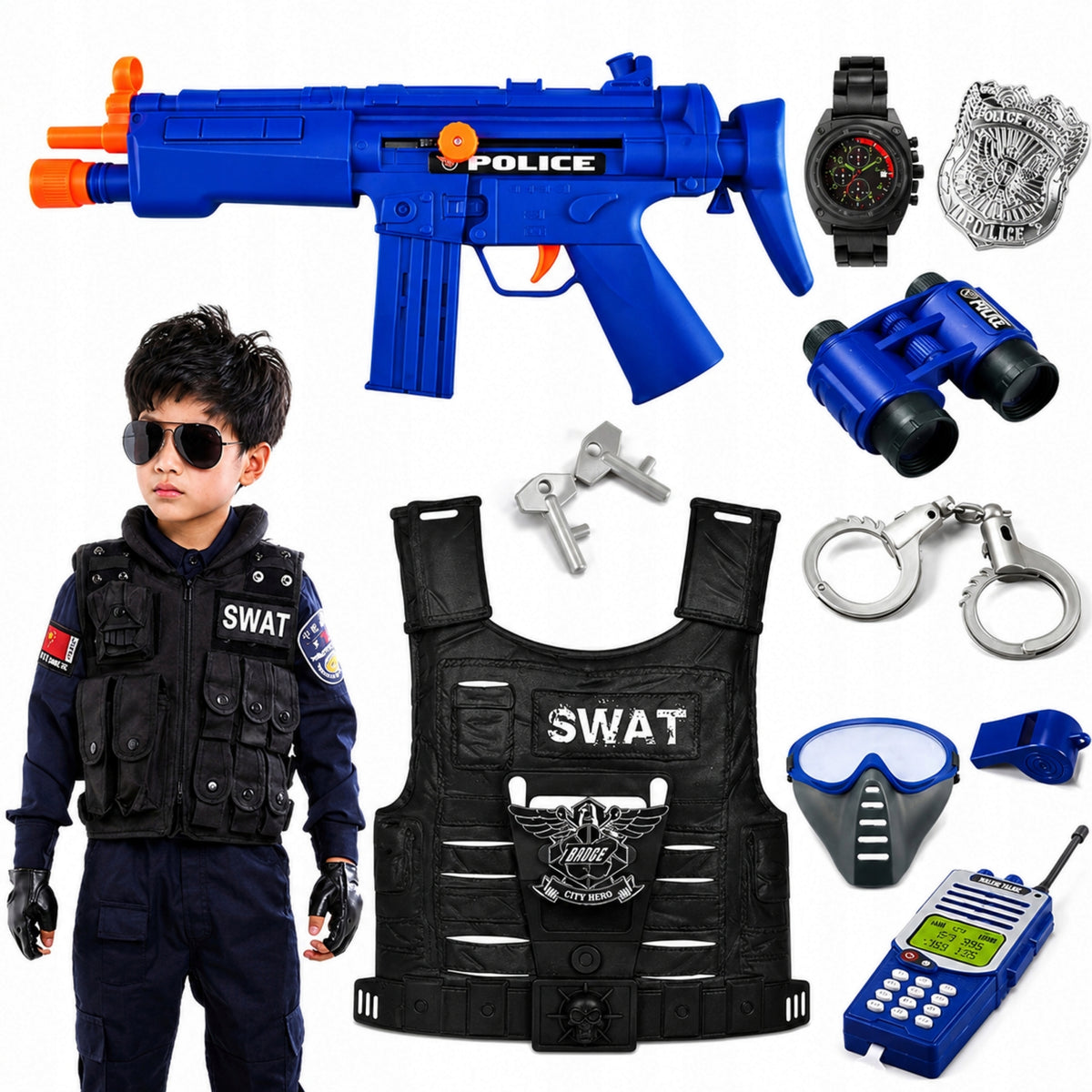 SET OF SMALL POLICEMAN VEST BINOCULARS HANDCUFFS WEAPON ACCESSORIES DISGUISE