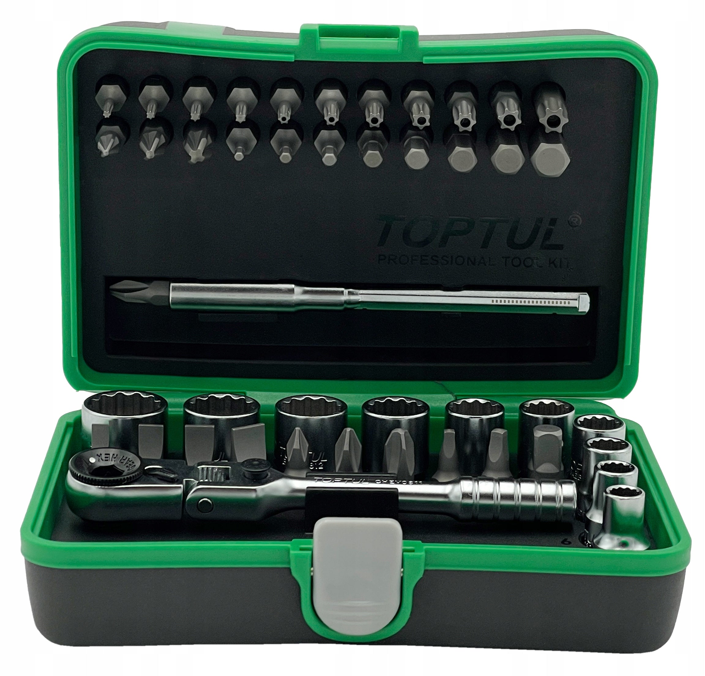 SET OF SOCKET WRENCHES 12-ANGLE MINI RATCHET AND BITS TOPTUL 45 EL. TOPTUL Brand Toptul