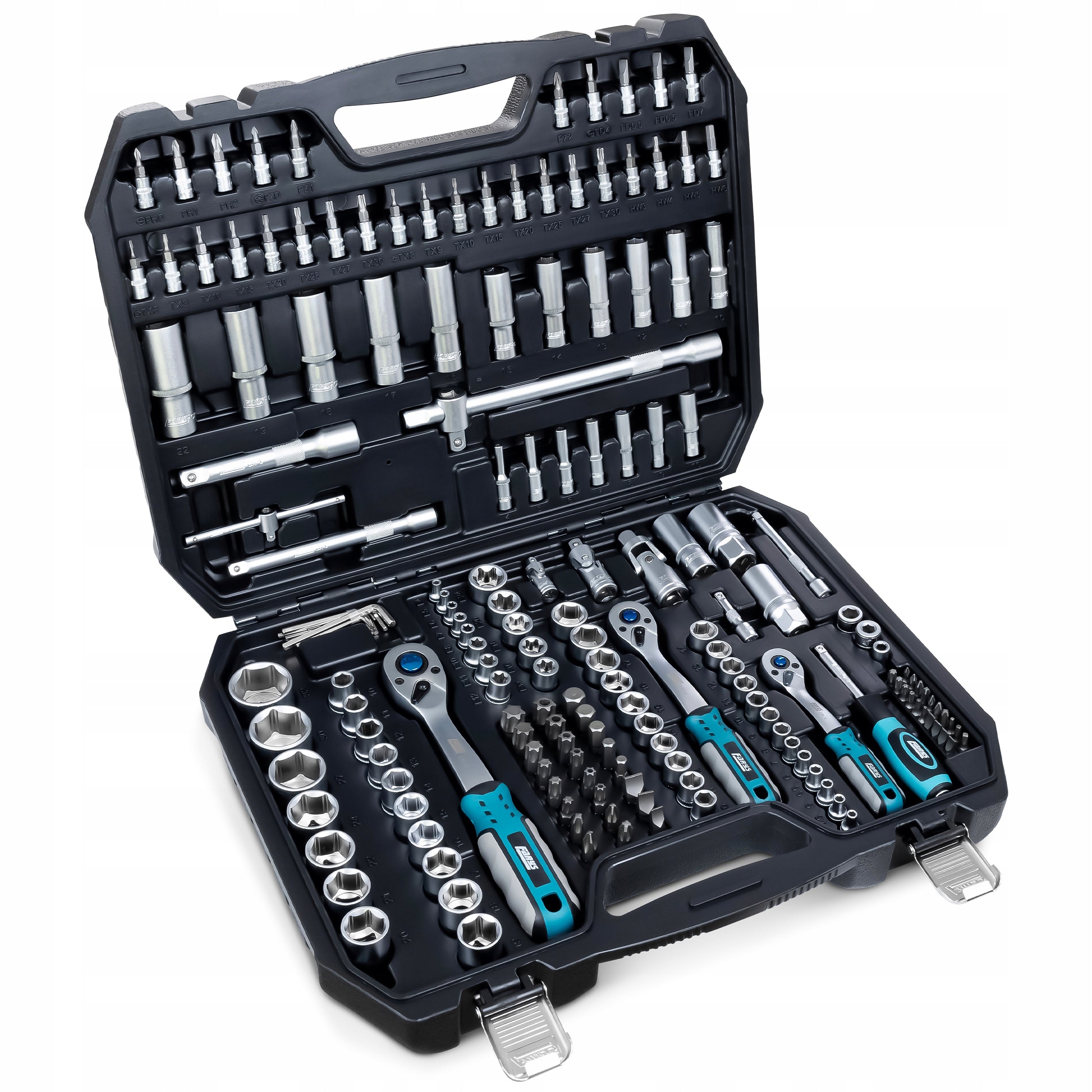 SET OF SOCKET WRENCHES 171EL. RATTLES 1/2 1/4 3/8 CAPS BITS FARYS