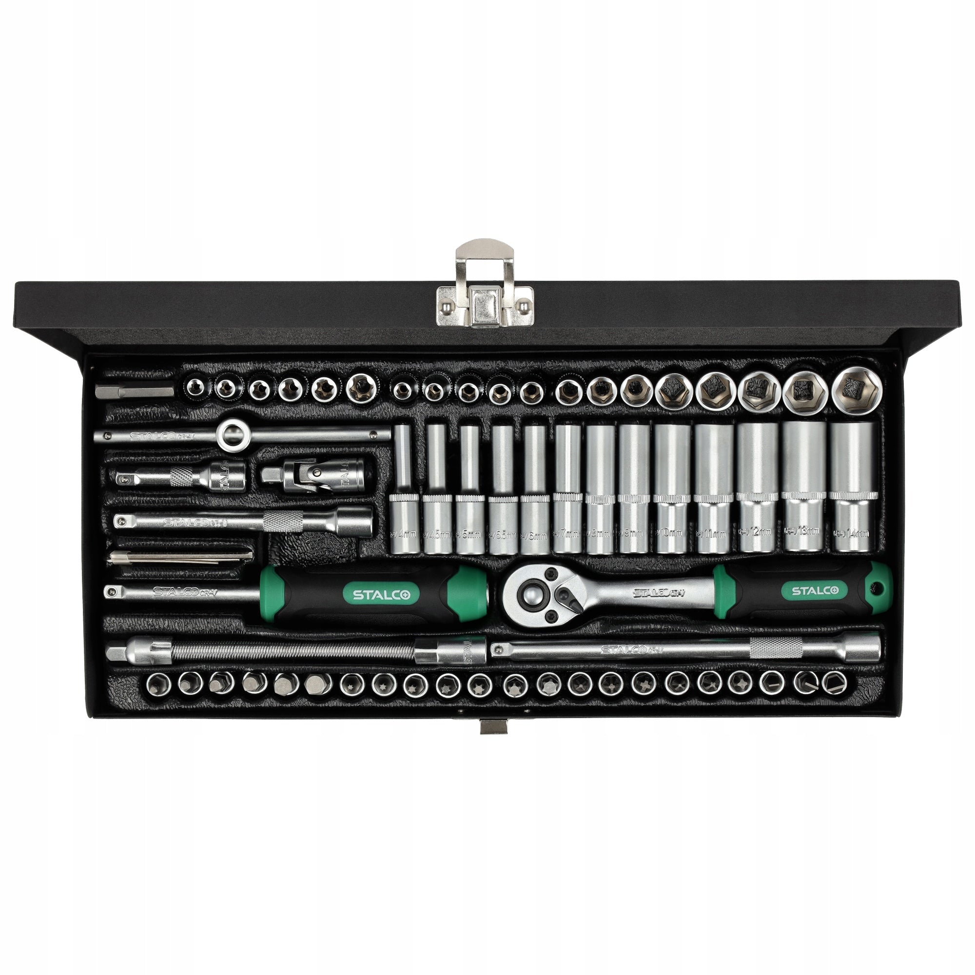 SET OF SOCKET WRENCHES WITH RATCHET 1/4” 67 ELEMENTS STALCO METAL BOX Brand Stalco