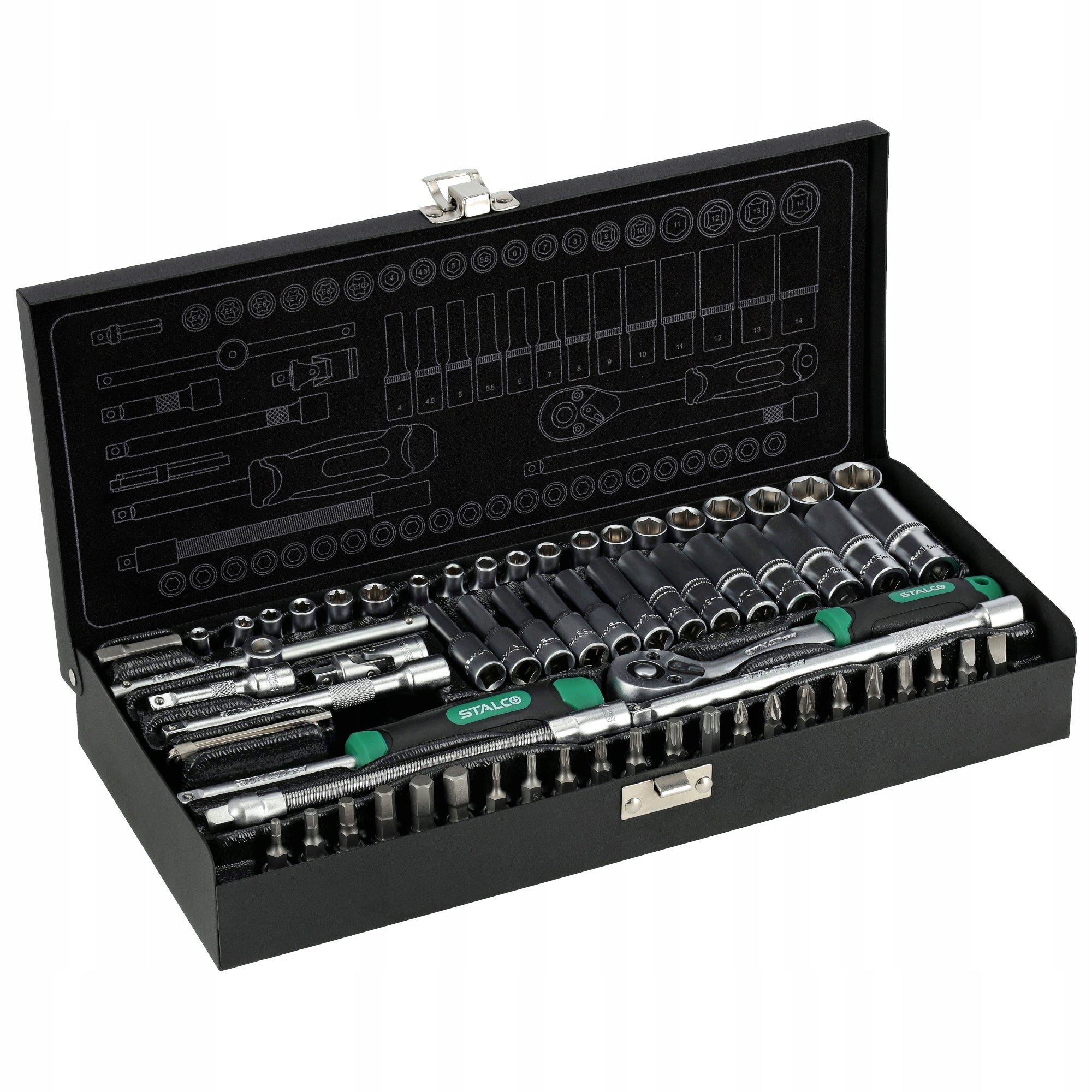 SET OF SOCKET WRENCHES WITH RATCHET 1/4” 67 ELEMENTS STALCO METAL BOX Manufacturer code S011100067