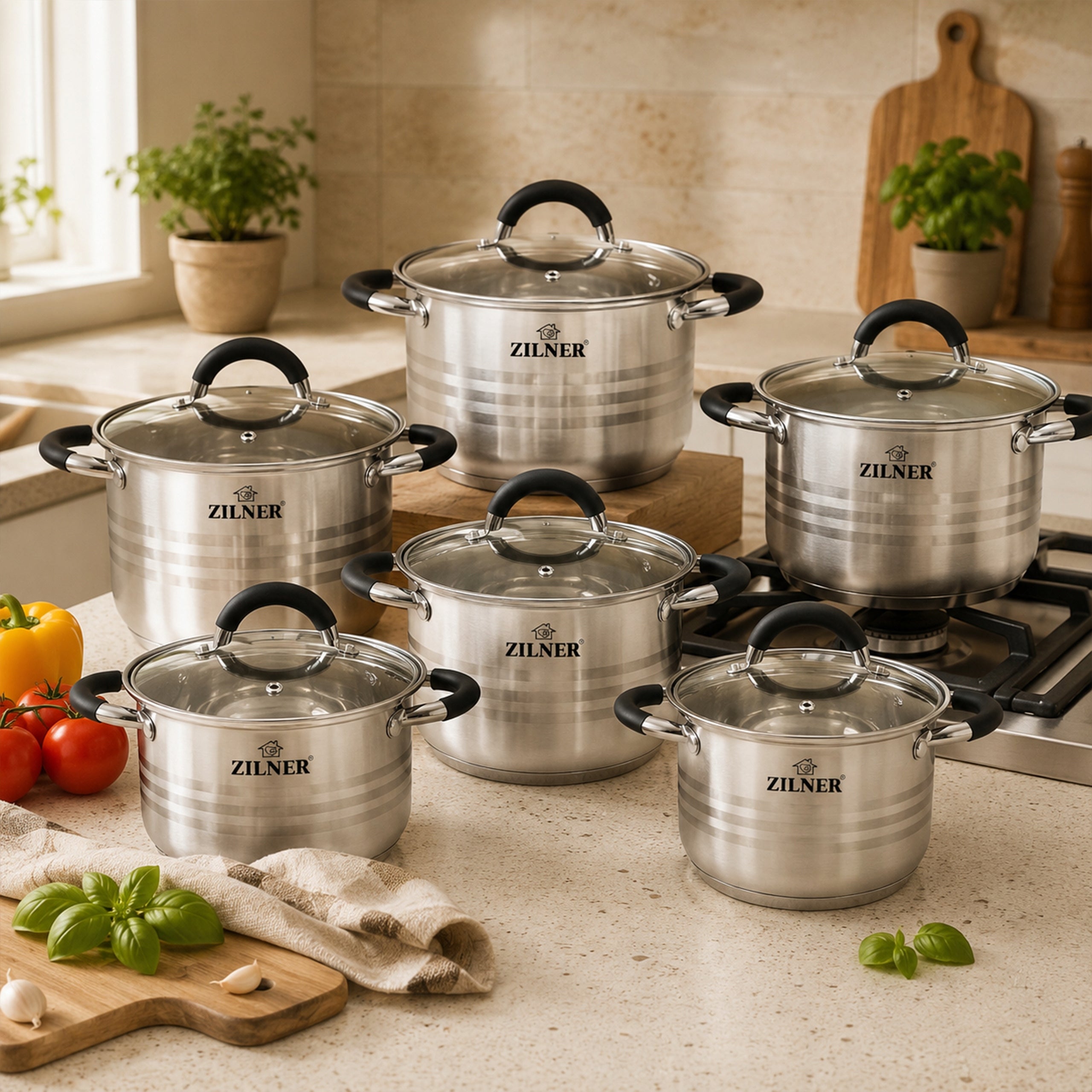 SET OF STAINLESS STEEL POTS FOR INDUCTION AND GAS POTS 12EL ZILNER Brand Zilner