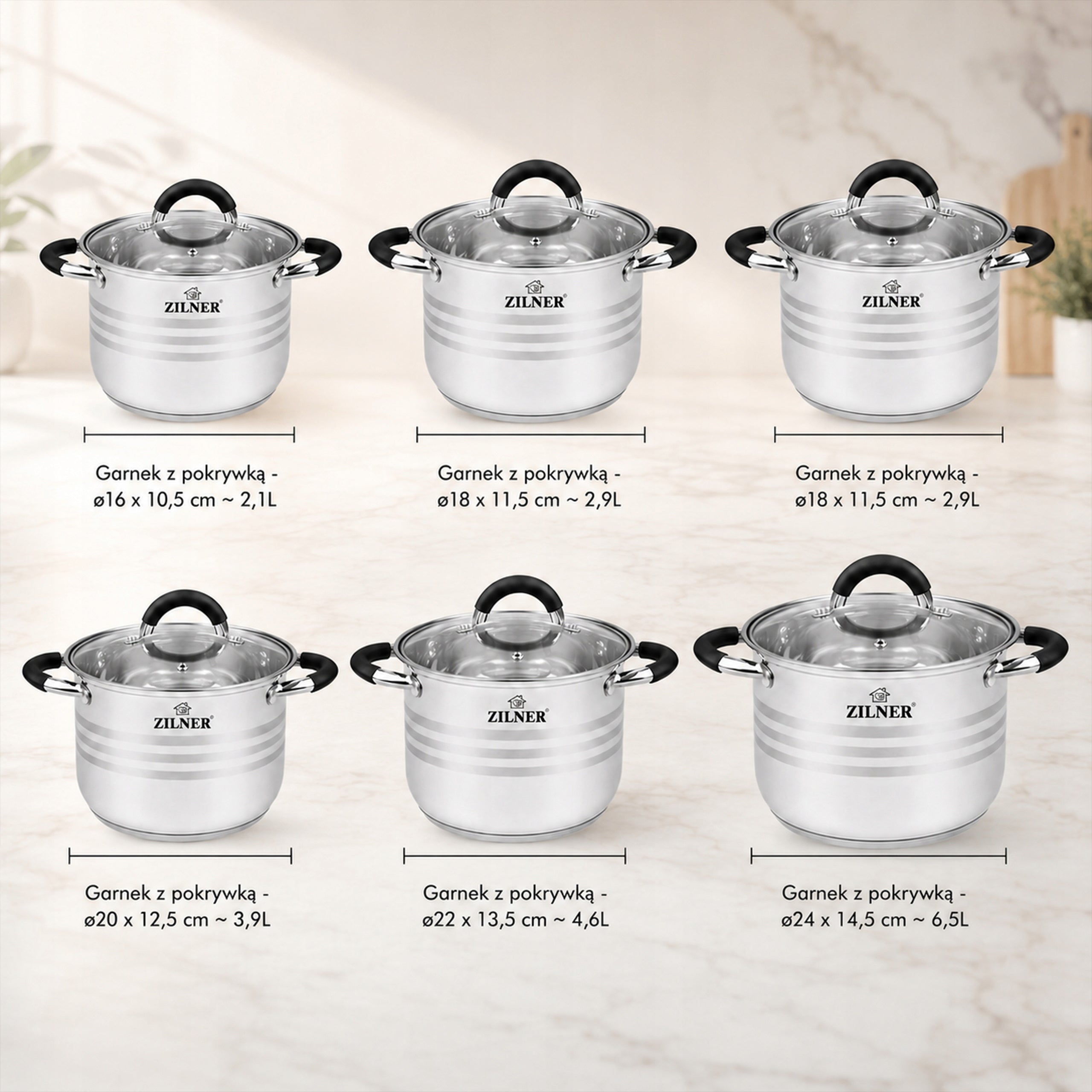 SET OF STAINLESS STEEL POTS FOR INDUCTION AND GAS POTS 12EL ZILNER Line PREMIUM