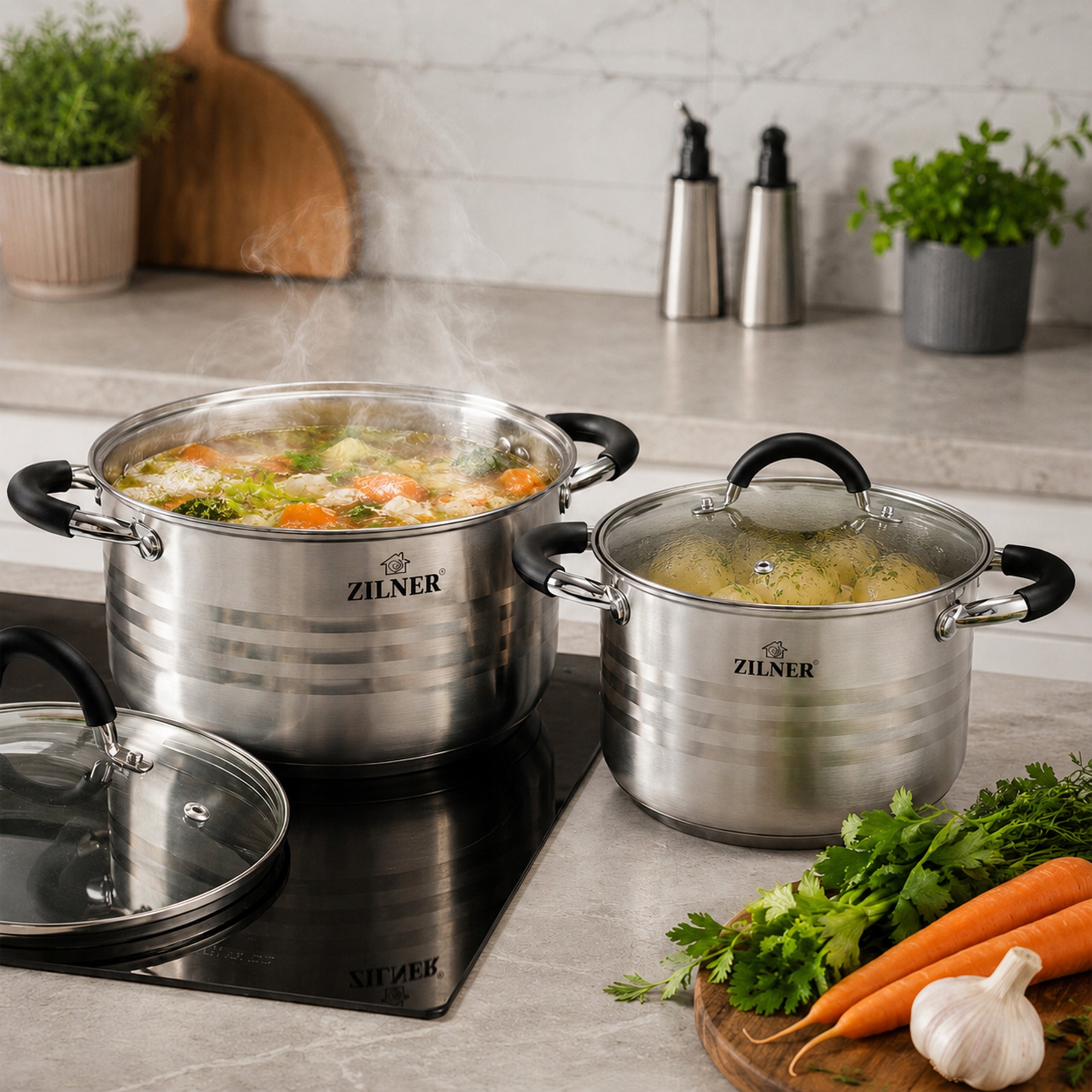 SET OF STAINLESS STEEL POTS FOR INDUCTION AND GAS POTS 12EL ZILNER Material stainless steel