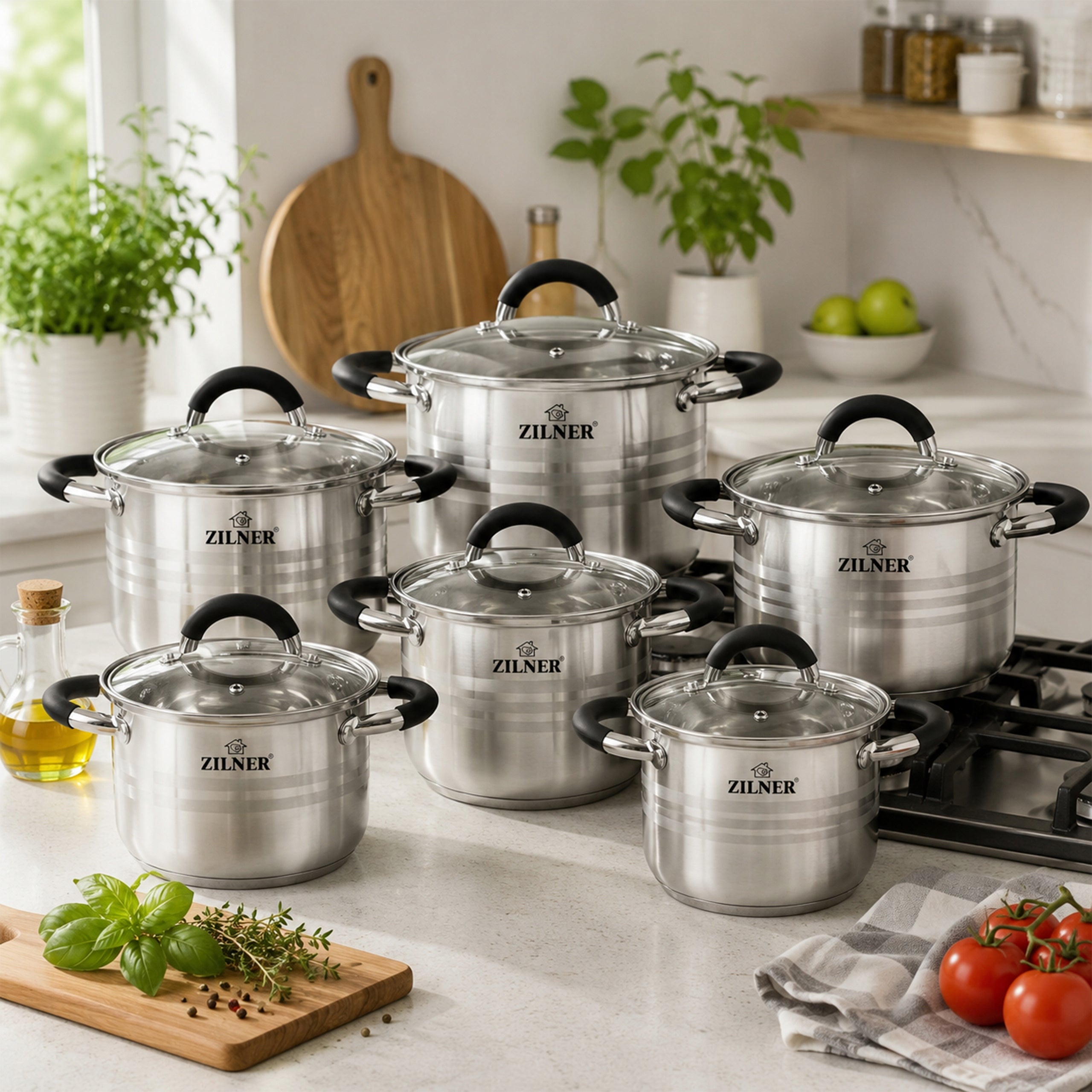 SET OF STAINLESS STEEL POTS FOR INDUCTION AND GAS POTS 12EL ZILNER Packaging status original