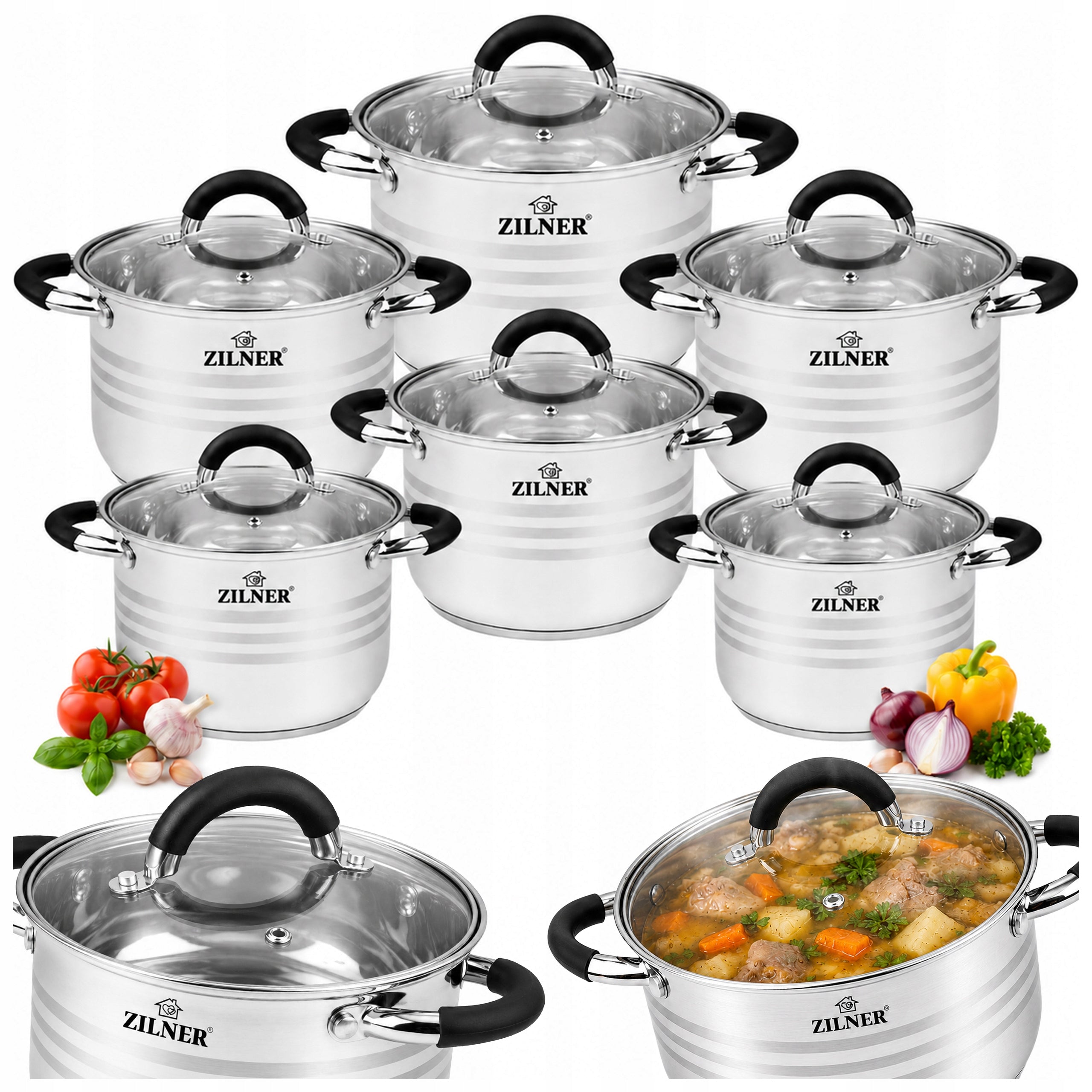 SET OF STAINLESS STEEL POTS FOR INDUCTION AND GAS POTS 12EL ZILNER