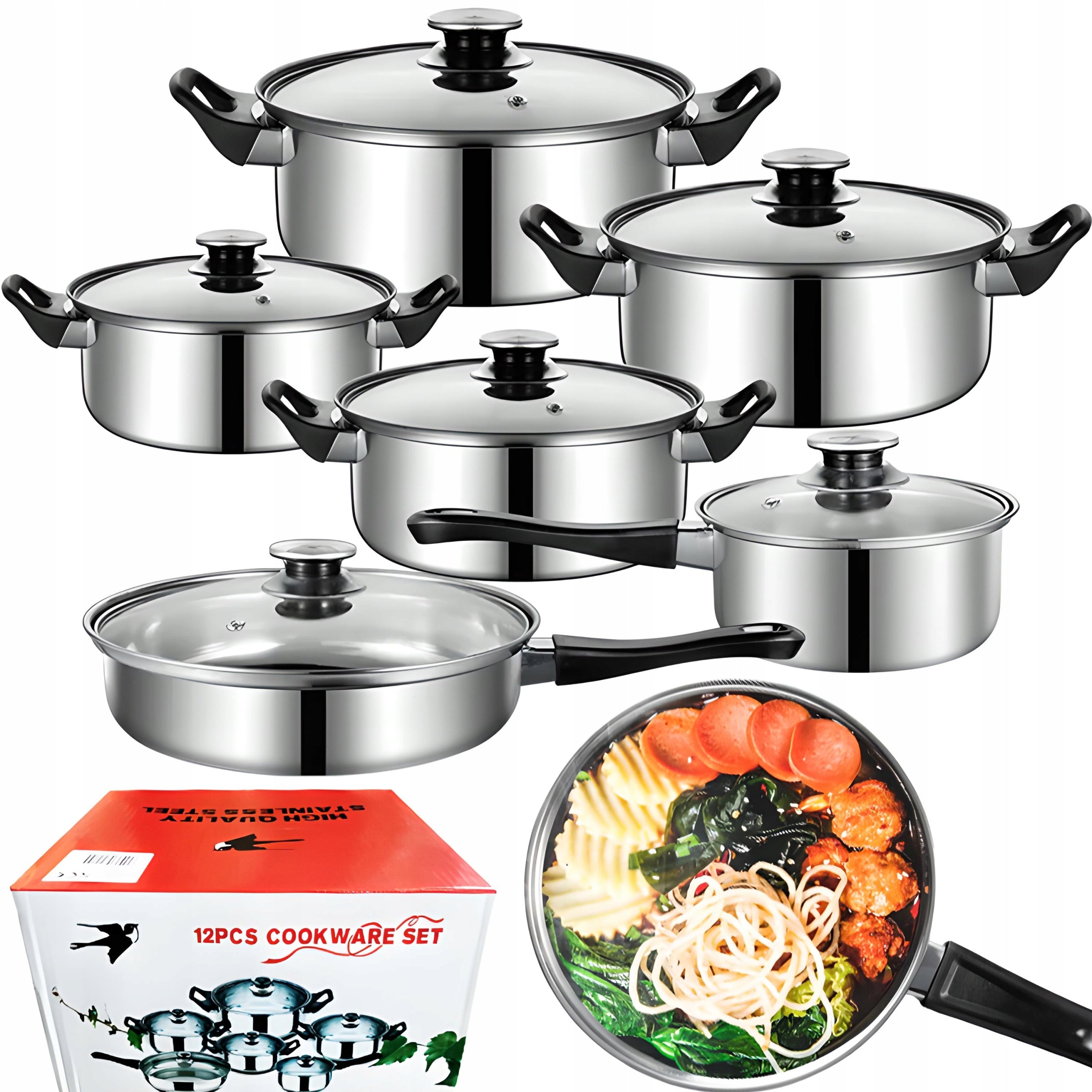 SET OF STEEL KITCHEN POTS AND PAN 12 ELEMENTS STEEL LID