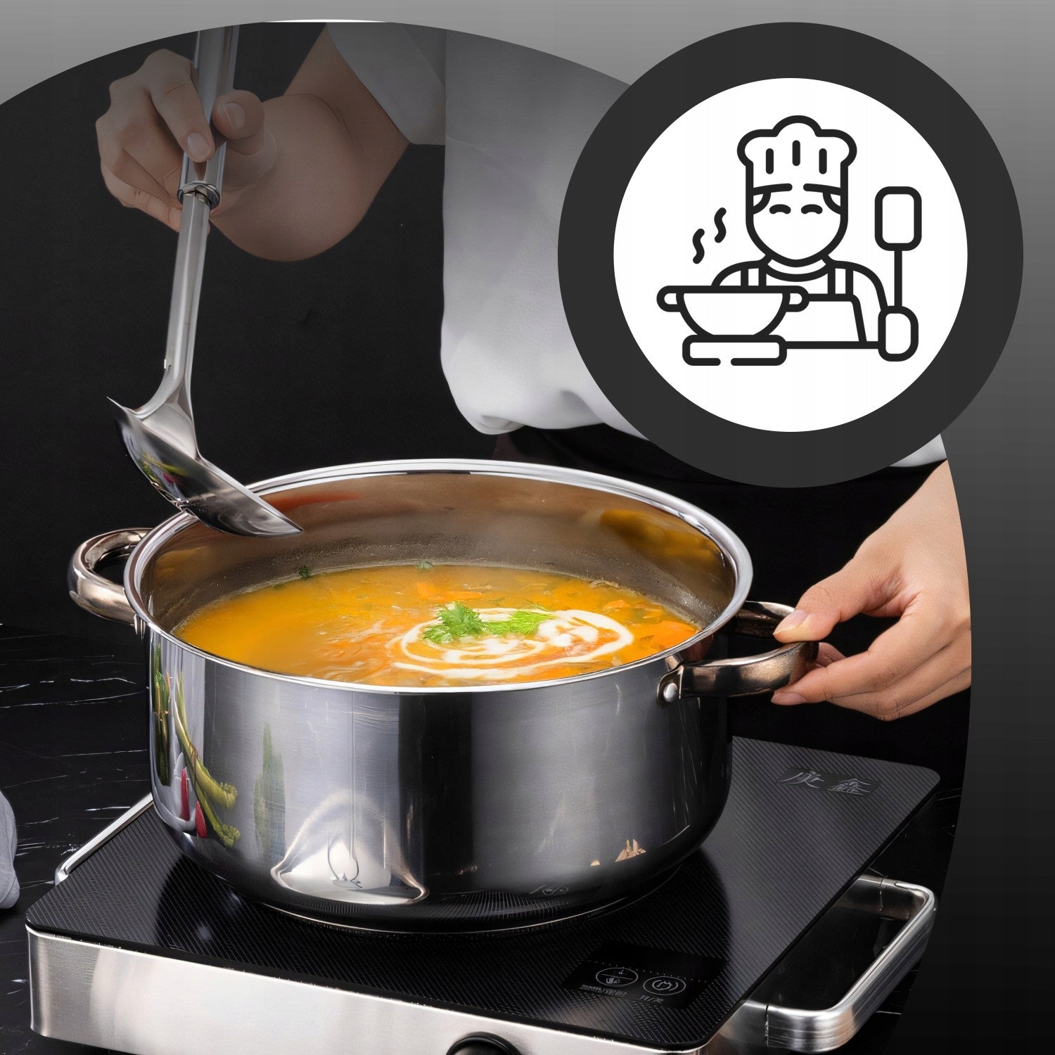SET OF STEEL POTS 15 ELEMENTS FRYING PAN + SCOOPS + LIDS Material stainless steel