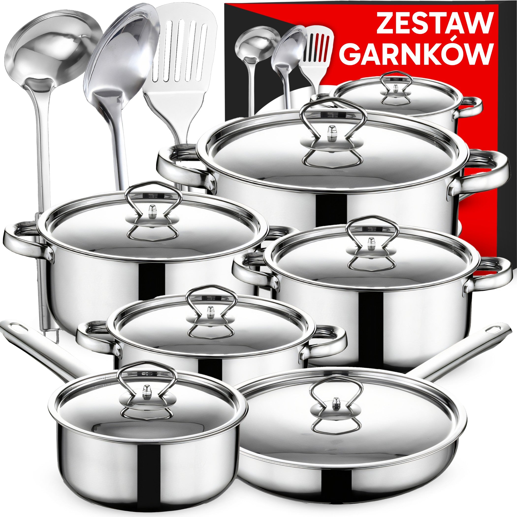 SET OF STEEL POTS 15 ELEMENTS FRYING PAN + SCOOPS + LIDS