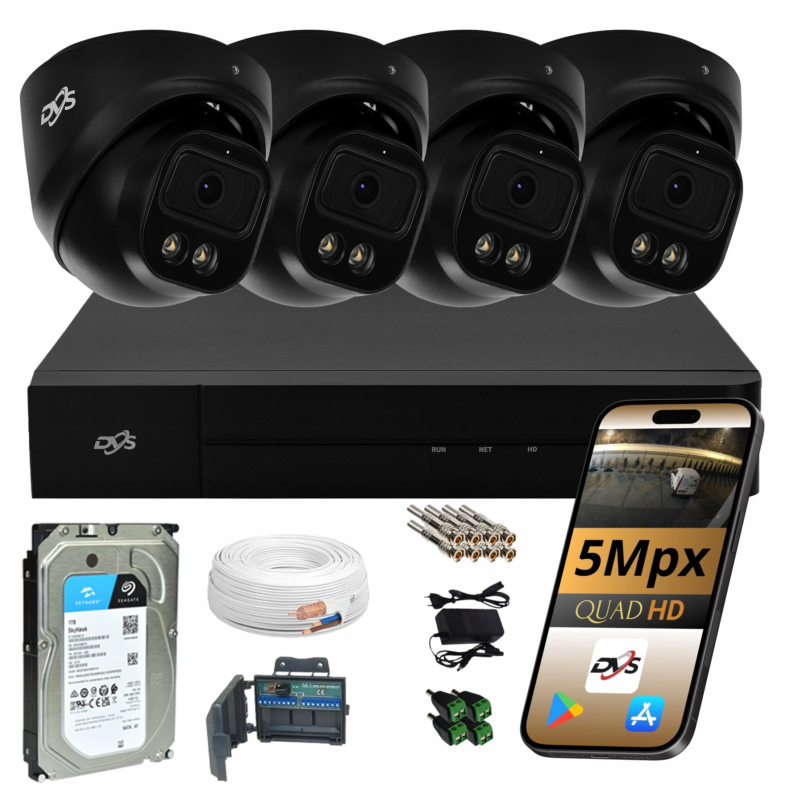 SET OF SURVEILLANCE CAMERAS 4 BLACK CAMERAS 5Mpx DVS DUAL LIGHT LED IR 1TB