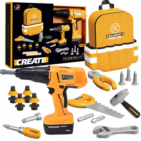 SET OF TOOLS IN A ROOMY BACKPACK DRILL-DRIVER SAW HAMMER SCREW
