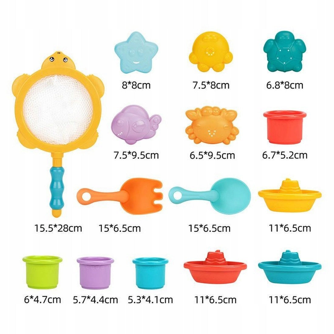 SET OF TOYS WITH MESH TURTLE FOR BATH, SAND, POOL, BEACH 15 ELEMENTS. Color multicolor